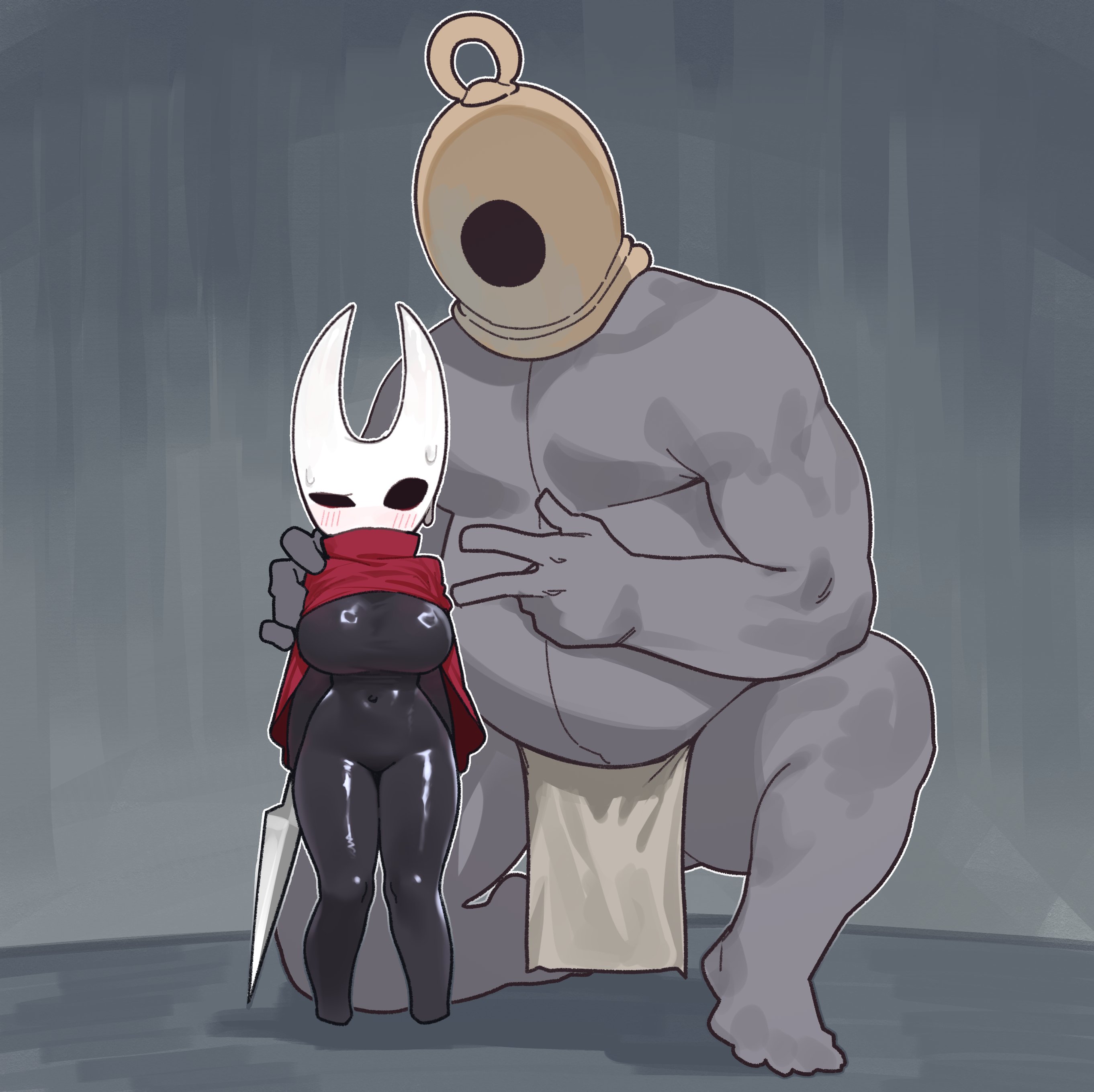 1girls, 2 horns, alternate body type, alternate breast size, arthropod, artist name, ballow (hollow knight), big ass, big breasts, big butt, black body, black skin, breasts, bubble ass, bubble butt, bug, bug girl, fat male, female, heok bam, hollow knight, hollow knight: silksong, hornet (hollow knight), humanoid, large ass, large breasts, large butt, larger male, male, masked, silksong, size difference, team cherry
