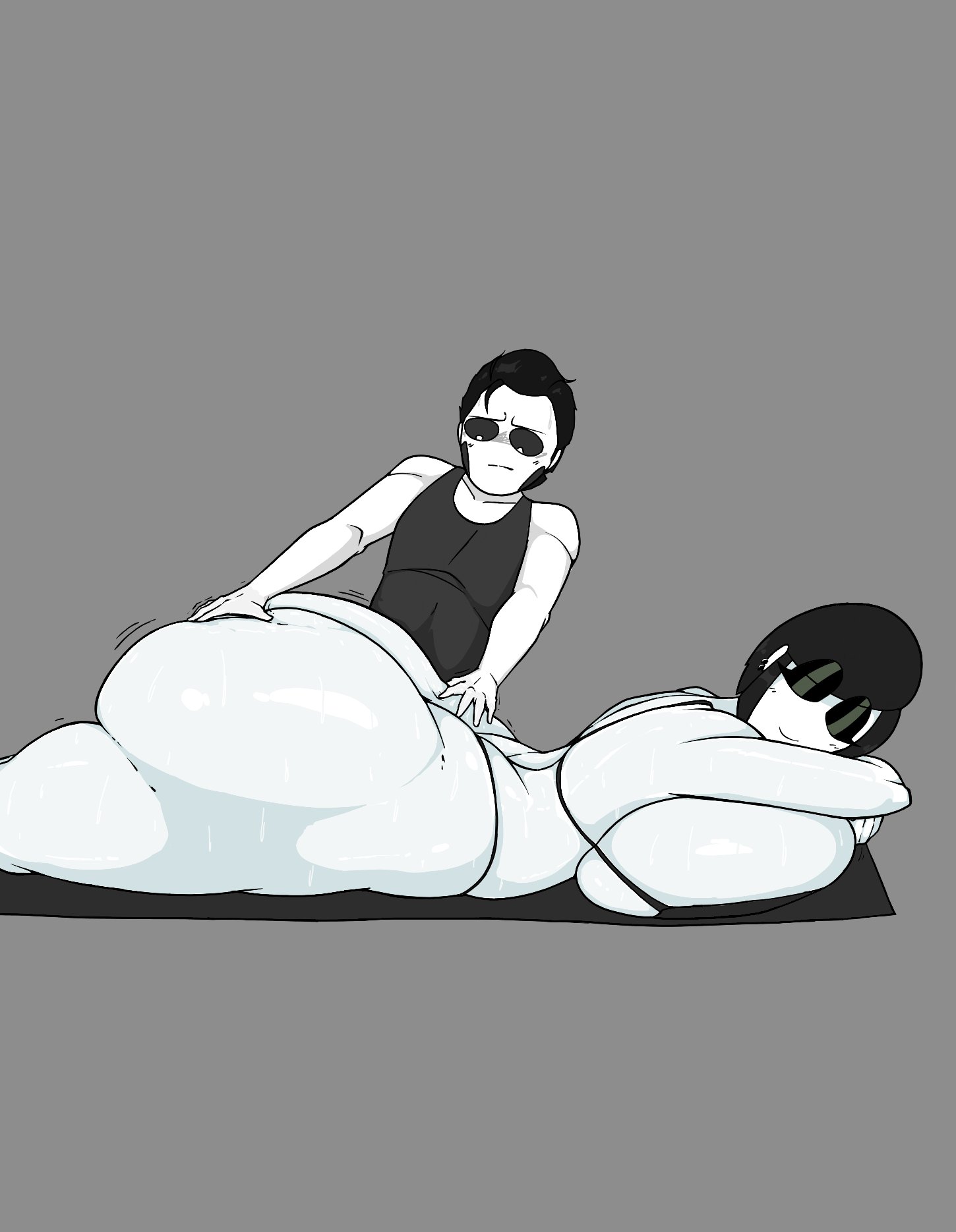 1boy, 1boy1girl, 1girls, action lines, applying sunscreen, ass, ass focus, ass grab, ass massage, bare shoulders, beach, beach towel, big ass, big breasts, big butt, bigger female, bikini, bikini bottom, bikini top, black bikini, black eyeshadow, black hair, bottom heavy, breasts, breasts bigger than head, bubble butt, busty, butt massage, closed eyes, curvaceous, curvy, curvy female, curvy figure, dialogue, duo, duo focus, ear piercing, ear piercings, ethan (theimmortalguy), eyeshadow, fat ass, female, female focus, grab, grabbing, grabbing ass, gray background, grey background, hand on ass, hands on ass, hi res, high resolution, highres, huge ass, huge breasts, huge butt, large ass, large breasts, larger female, laying, laying down, laying on stomach, light skin, light-skinned female, light-skinned male, lying, lying down, lying on stomach, male, male/female, massage, massaging ass, massive breasts, medium hair, oc, original, original character, original characters, pierced ears, piercing, piercings, rubbing, rubbing ass, shorter male, simple background, size difference, smaller male, smile, smiling, straight, sunhat, sunscreen, sunscreen on butt, tagme, theimmortalguy, thick ass, thick thighs, thighs, veronica (saltynoodles), voluptuous, voluptuous female, white body, white skin