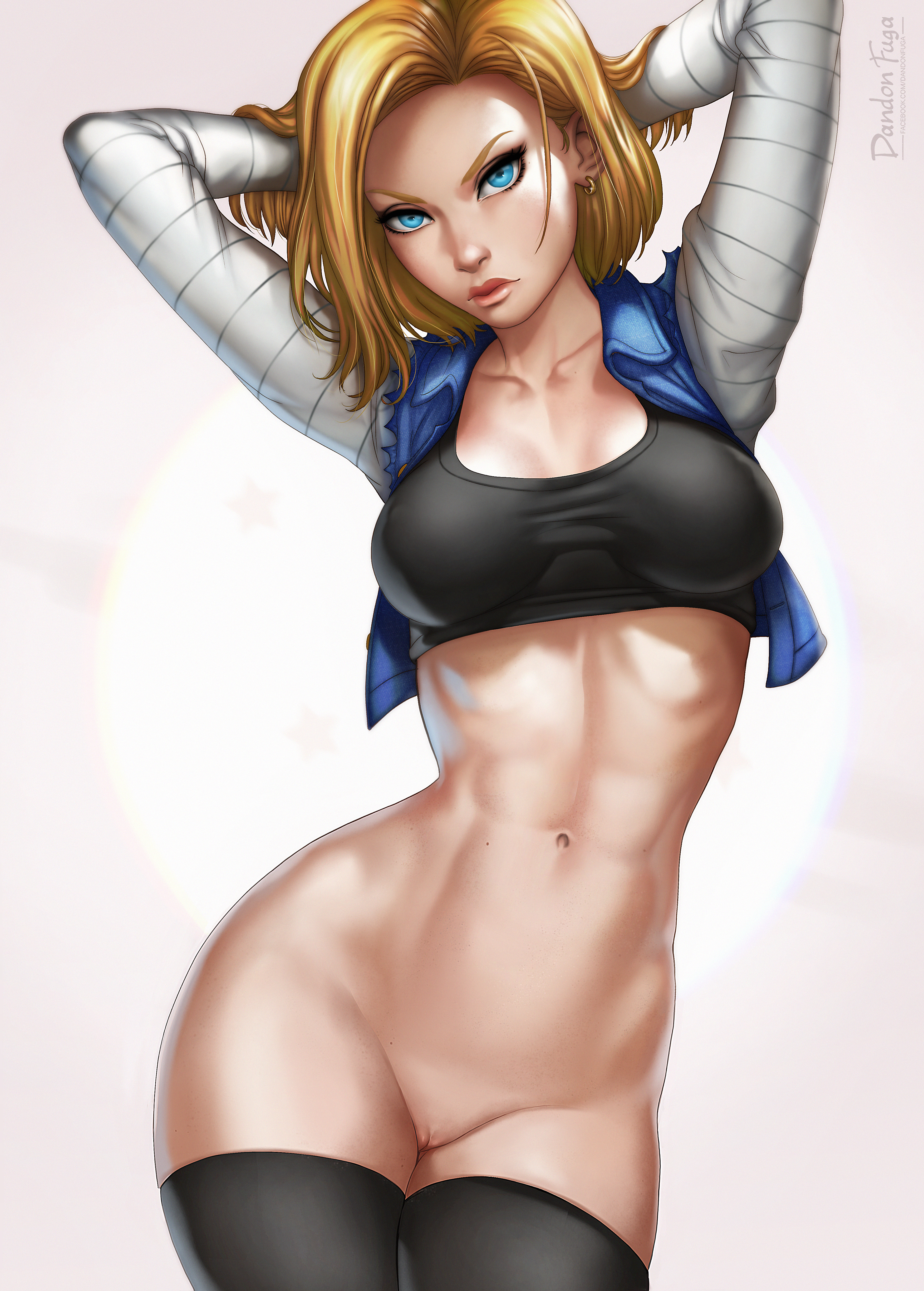 abs, adjusting hair, android 18, aqua eyes, areolae, armpits, arms behind head, arms up, belly, blonde hair, blue eyes, bottomless, breasts, covered breasts, covered nipples, dandon fuga, dragon ball, dragon ball z, earrings, erect nipples, female, female only, high resolution, jacket, jewelry, large breasts, large filesize, legs, lipstick, looking at viewer, midriff, navel, nipples, no bra, no panties, open clothes, open jacket, paipan, pussy, realistic, shiny skin, short hair, slender waist, solo, stocking, stockings, stomach, thigh highs, thighhighs, thighs, vagina, very high resolution, white background