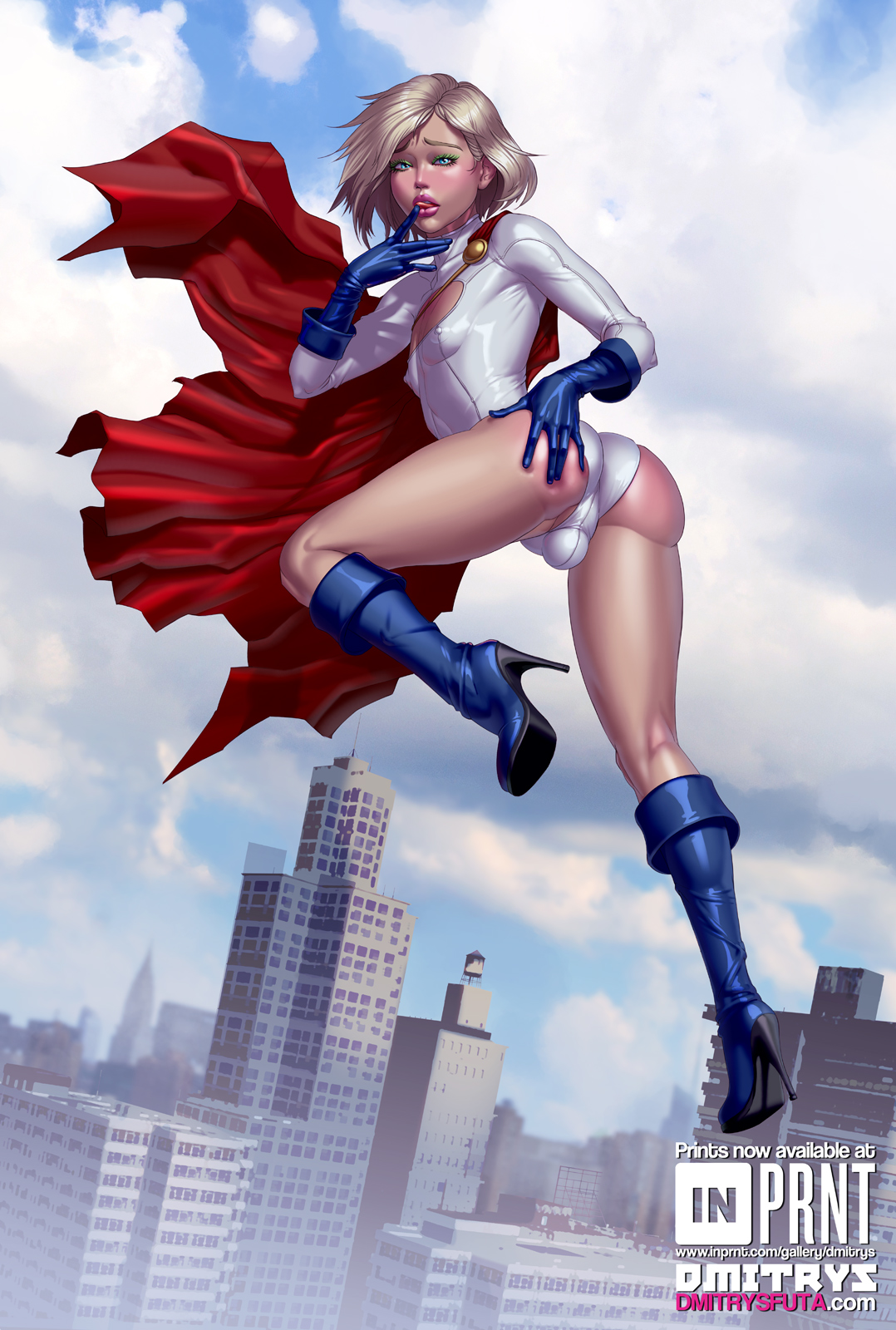 1boy, androgynous, ass, balls, blonde hair, blue eyes, bulge, cape, cleavage cutout, dc, dc comics, dmitrys, earth 11, eyeliner, eyeshadow, female, femboy, girly, gloves, heels, high heel boots, high heels, lips, lipstick, makeup, male, male only, male power girl, power girl, rule 63, solo, superman (series), tongue, trap