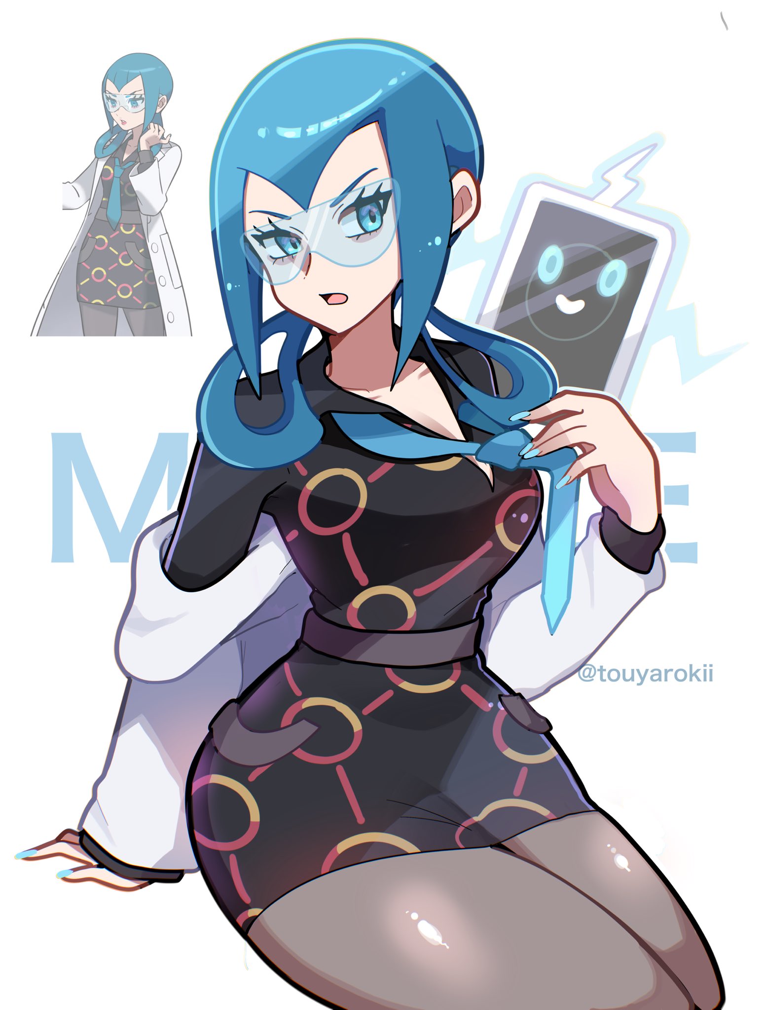 1girls, black dress, blue eyes, blue hair, blue nails, blue necktie, breasts, cleavage, dress, female, female only, game freak, glasses, hair rings, highres, labcoat, large breasts, long hair, long sleeves, mable (pokemon), momiji (pokemon), nail polish, necktie, nintendo, open mouth, pantyhose, pokemon, rotom, rotom phone, safety glasses, solo, touyarokii