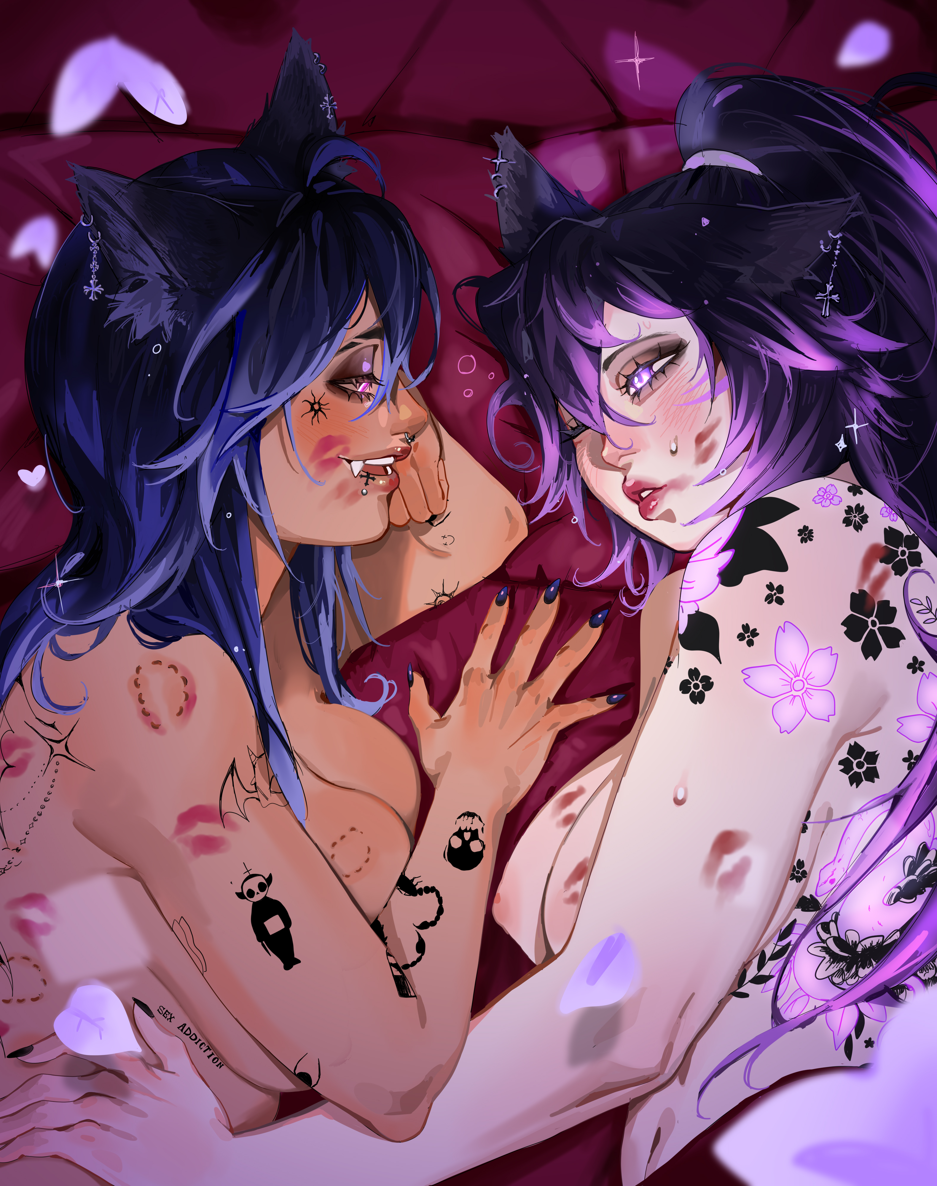 2girls, bite mark, bite marks, cat ears, cat girl, cat humanoid, catgirl, dark-skinned female, fangs, female, light-skinned female, lipstick, lipstick mark, long nails, piercings, purple hair, sanaevr, smudged makeup, tattoos, two-tone hair, wolf ears, wolf girl, wolf humanoid, yuri