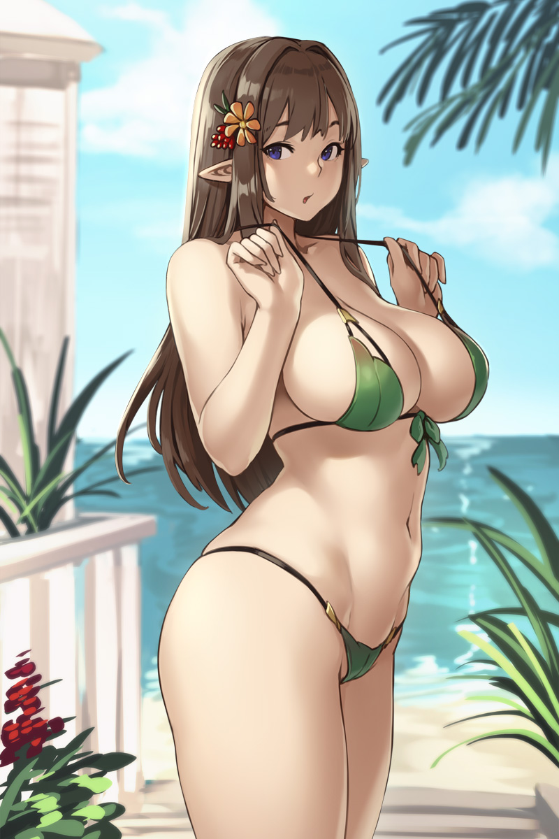 bikini, breasts, cleavage, elf, female, green bikini, houtengeki, large breasts, micro bikini, micro bikini top, micro panties, pointy ears, revealing clothes, sideboob, skimpy, solo, standing