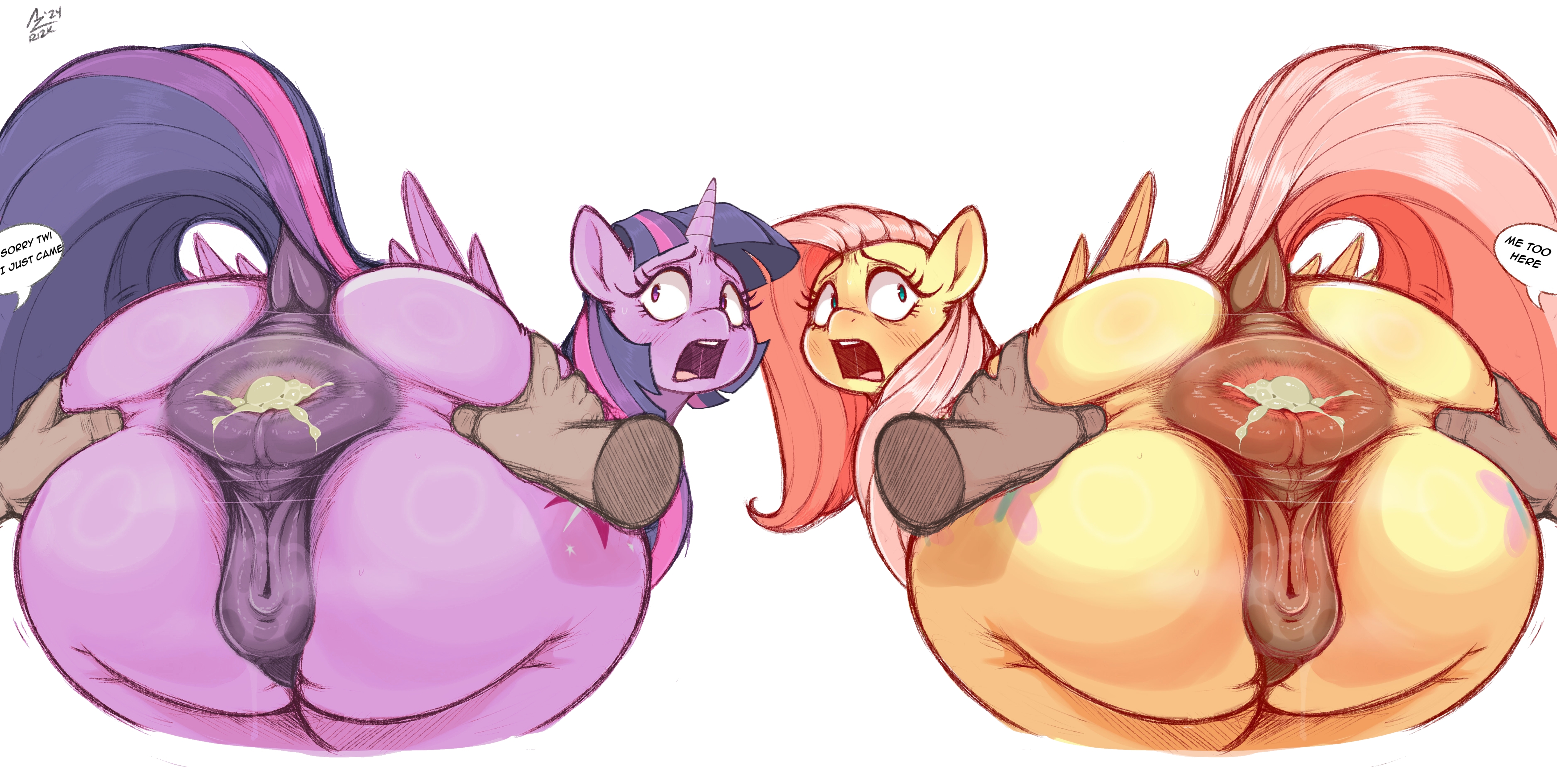2boys, 2d, 2girls, aer0 zer0, animal genitalia, anon, anonymous male, anus, ass, ass focus, big ass, blush, creature, cum, cum inside, edit, edited, english text, equine, eyebrows, female, feral, fluttershy (mlp), friendship is magic, genitals, hasbro, huge butt, human male, human male on mare, human on feral, human on pony action, interspecies, juicy pussy, looking at back, male, mare, multiple females, multiple girls, multiple males, my little pony, mythological equine, mythology, open eyes, open mouth, pegasus, pink hair, ponut, pony, puffy anus, purple body, purple eyes, purple hair, pussy, quadruped, scared expression, text, text bubble, twilight sparkle (mlp), unicorn, unicorn horn, wings, yellow body
