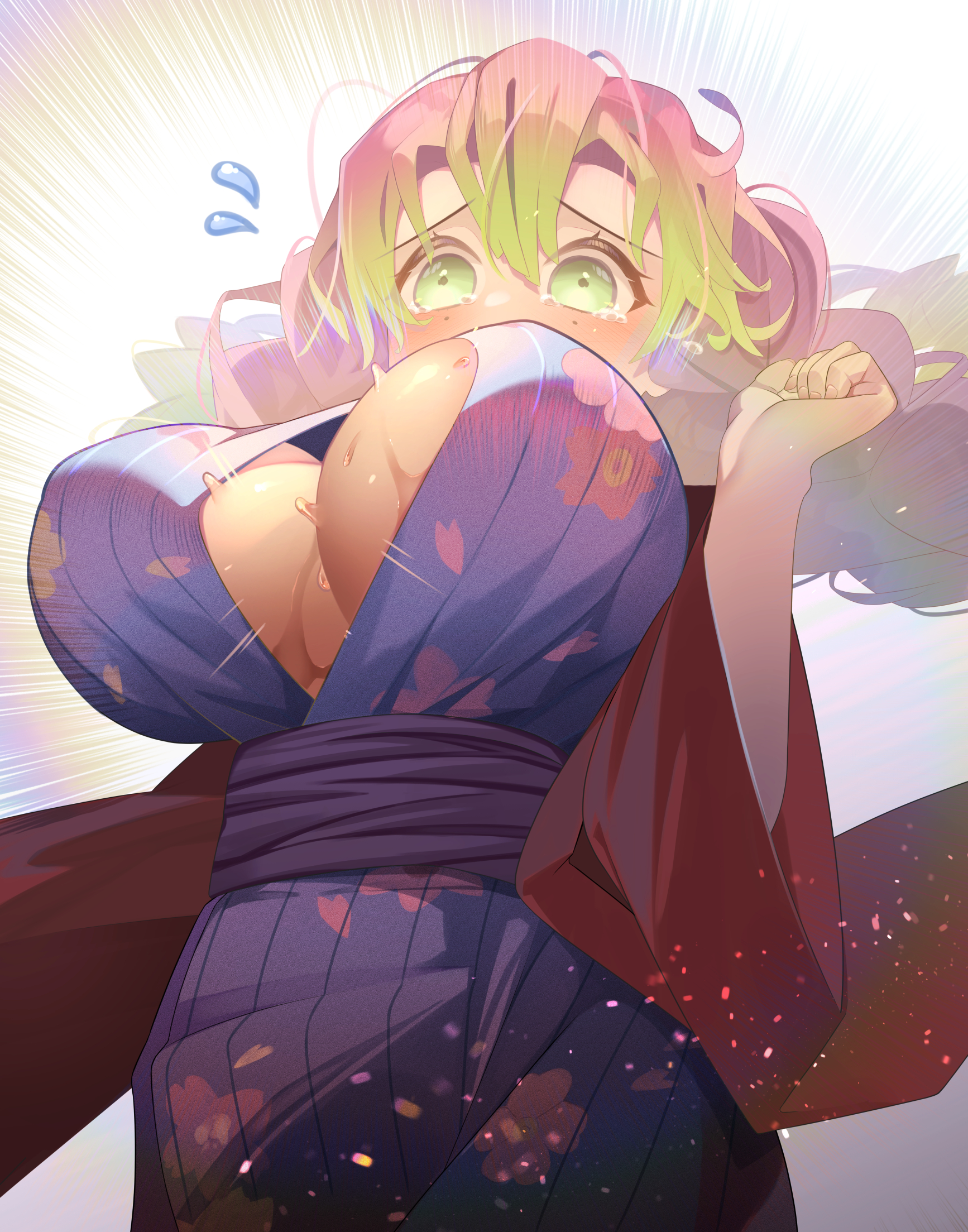 1girls, about to cry, arms up, artist request, big breasts, blue kimono, blush, bouncing breasts, breasts, demon slayer, embarrassed, female, garter belt, green eyes, green hair, gripping, kanroji mitsuri, kimetsu no yaiba, kimono, massive breasts, mitsuri kanroji, multicolored hair, nails, nipple peek, open clothes, parted bangs, pink flower, pink hair, pink-haired female, robe, shibahu cake, sweat, sweatdrop, tears, twintails