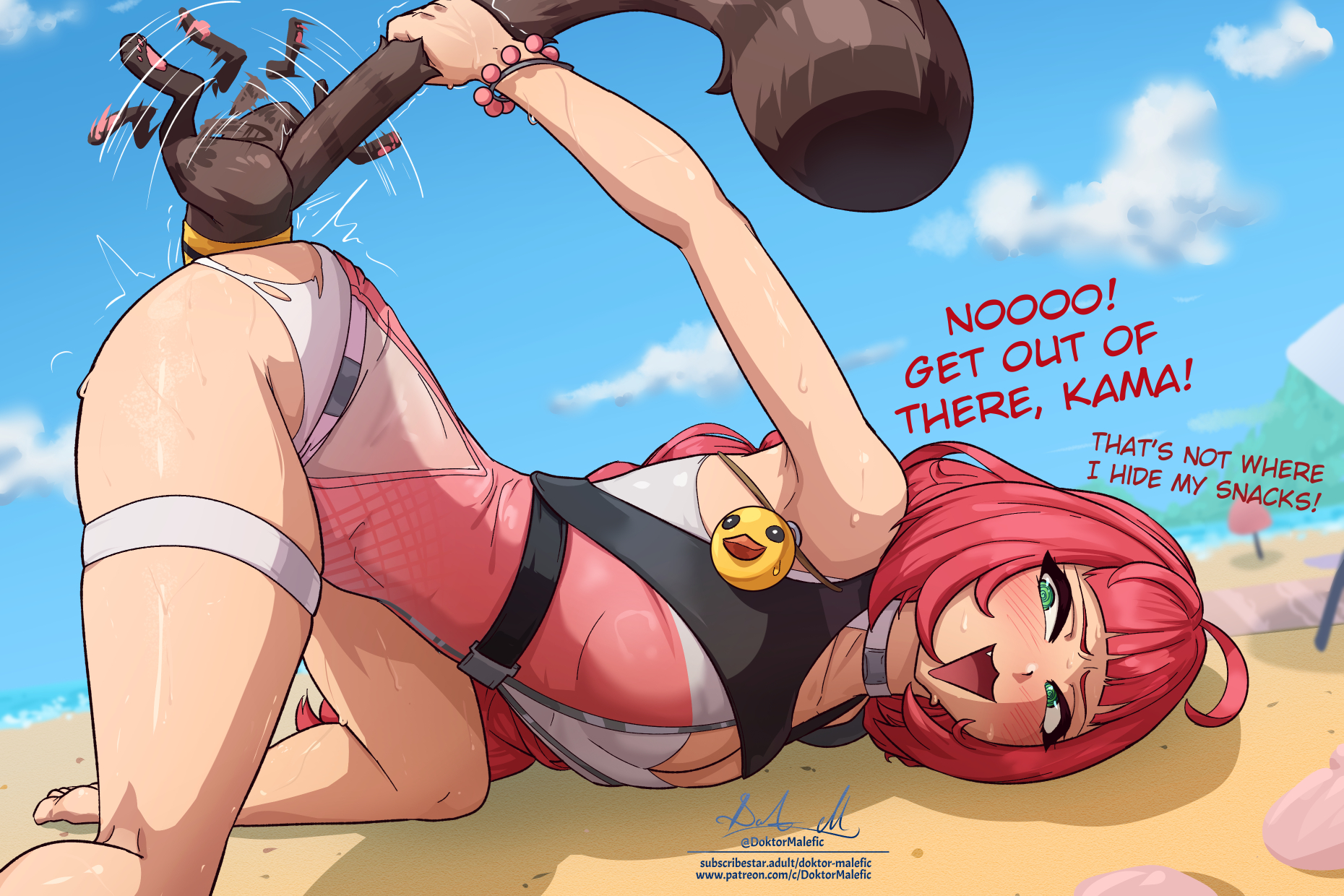1girls, anal vore, ass, background, beach, big ass, big breasts, blush, body invasion, breasts, color, colored, doktor malefic, female, furry, green eyes, hoyoverse, implied anal, implied penetration, kama (zenless zone zero), mihoyo, official alternate costume, raccoon, raccoon dog, raccoon tail, red hair, swimsuit, swimwear, swirly eyes, tanuki, text, thick, thick ass, thick legs, thick thighs, thighs, twintails, ukinami yuzuha, ukinami yuzuha (tanuki in broad daylight), unwilling pred, zenless zone zero