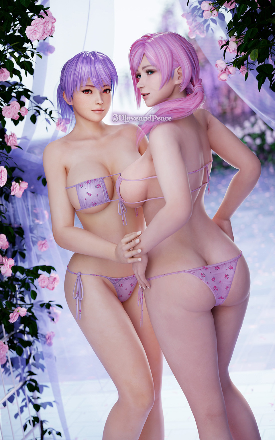 2girls, 3d, 3dloveandpeace, alluring, ass, ayane (doa), bare legs, big breasts, bikini, blue eyes, breasts, dead or alive, dead or alive 2, dead or alive 3, dead or alive 4, dead or alive 5, dead or alive 6, dead or alive xtreme, dead or alive xtreme 2, dead or alive xtreme 3, dead or alive xtreme 3 fortune, dead or alive xtreme beach volleyball, dead or alive xtreme venus vacation, elise (doa), female, female only, kunoichi, lavender hair, looking at viewer, pin up, pink hair, red eyes, silf, tecmo, under boob