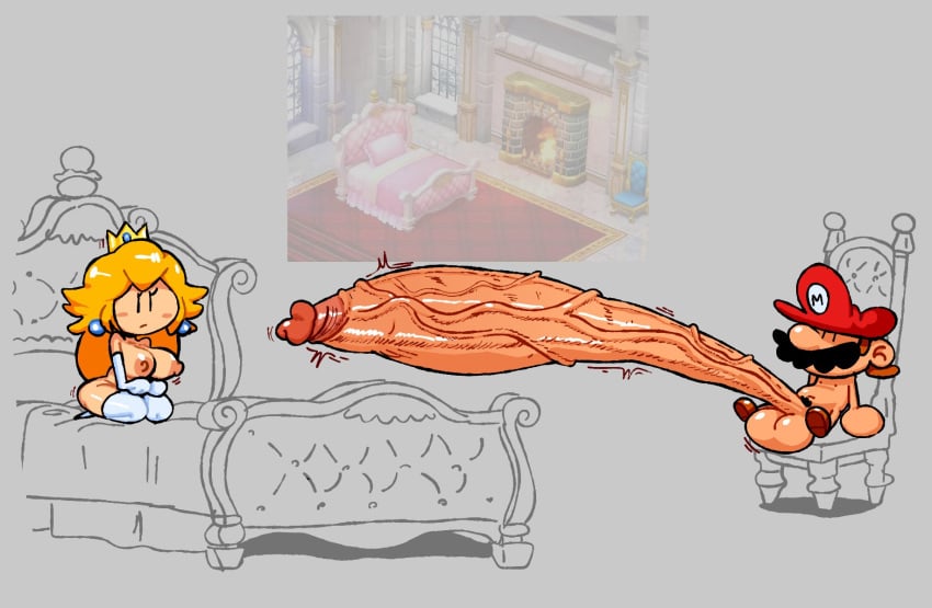 1boy, 1girls, 2d, 2d (artwork), breasts, chair, crown, female, giant penis, hat, huge cock, humor, hyper penis, long penis, male, mario, mario (series), nipples, penis, princess peach, pubic hair, reference image, royalty, small but hung, speedrunner mario, submarichamomi2, super mario rpg, super mario rpg legend of the seven stars, terminalmontage, very long penis