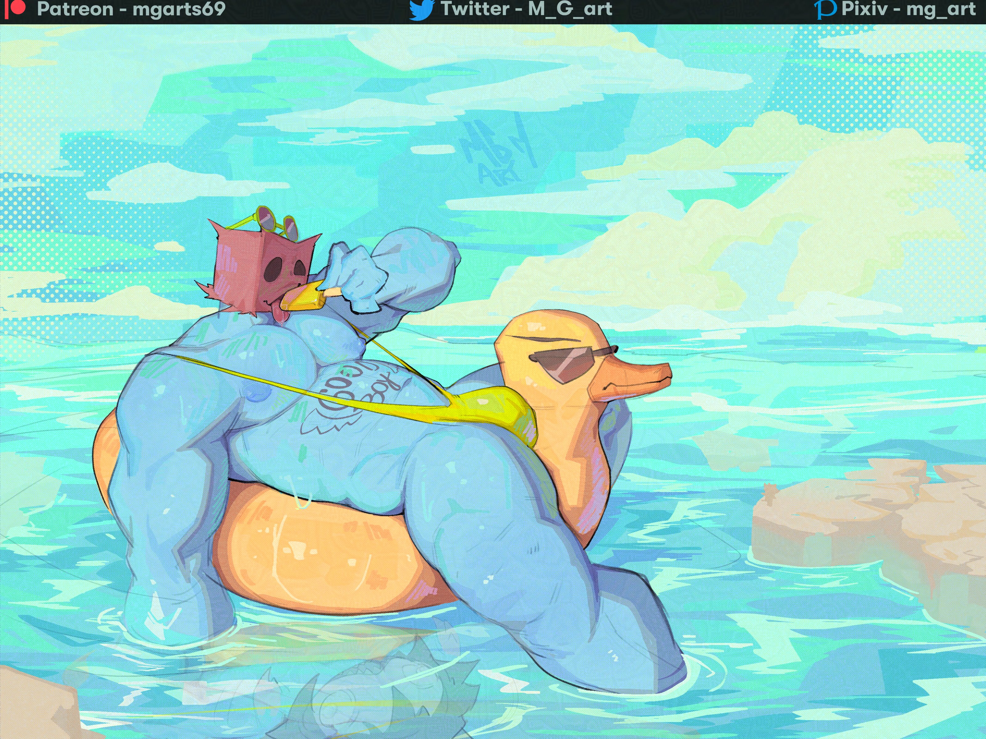 1boy, absurd res, alternate version available, bag over head, balls, balls under clothes, bara, big penis, blue body, blue skin, blush, blush lines, bulge, eating, eating food, eating ice cream, gay, gay male, godstv, hi res, ice cream, inflatable, kinni (godstv), lime mankini, looking at penis, m g art, male, male only, mankini, melbotstudio, nipples, nude, patreon, patreon username, pecs, penis, penis sticking out, penis visible through clothing, pixiv, pixiv username, solo, solo focus, solo male, sunglasses, sunglasses on head, tattoo, tattoo on belly, thong, tongue, tongue out, twitter, twitter username, underwear, video games, water, wet, yaoi, yellow mankini