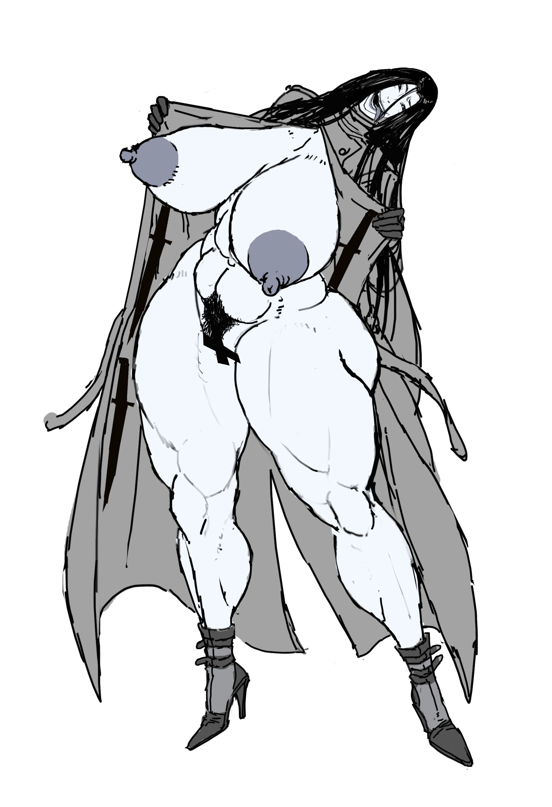 1girls, 2d, 2d (artwork), 69 (artist), abs, big areola, big ass, big breasts, black hair, breasts, curvaceous figure, curvy, exhibitionist, female, female focus, female only, flashing, ghost girl, hairy pussy, happy, hasshaku-sama, high heels, humanoid, humanoid pussy, looking at viewer, opening jacket, pale skin, presenting, pussy, solo, thick thighs, tongue out, urban legend