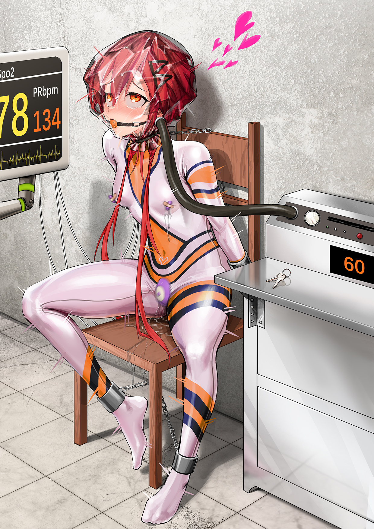 artist request, asphyxiation, bag over head, ball gag, blush, bodysuit, bondage, breasts, breath play, chained to chair, female, full body suit, heart, light skin, neptunia (series), orange eyes, pussy, red hair, restrained, skin tight, small breasts, solo, suffocation, tied to chair, tied up, uzume tennouboshi, vibrator, vibrator in pussy, vibrator on nipple