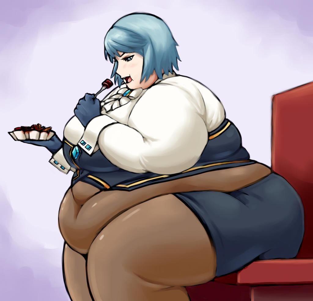 1girls, 2d, 2d (artwork), ace attorney, alternate body size, back fat, bbw, belly, belly folds, belly overhang, belly rolls, big belly, blue hair, blue-haired female, blush, capcom, clothed, clothed female, color, colored, digital media (artwork), eating, eating food, fat, fat arms, fat ass, fat belly, fat female, fat folds, fat rolls, fat thighs, female, female focus, female only, food, fork, franziska von karma, gyakuten saiban, holding, holding food, holding fork, huge belly, karuma mei, love handles, morbidly obese, morbidly obese female, navel, navel visible through clothes, obese, obese female, open mouth, overweight, overweight female, shaded, side view, sitting, sitting in chair, skindentation, solo, thick thighs, video game character