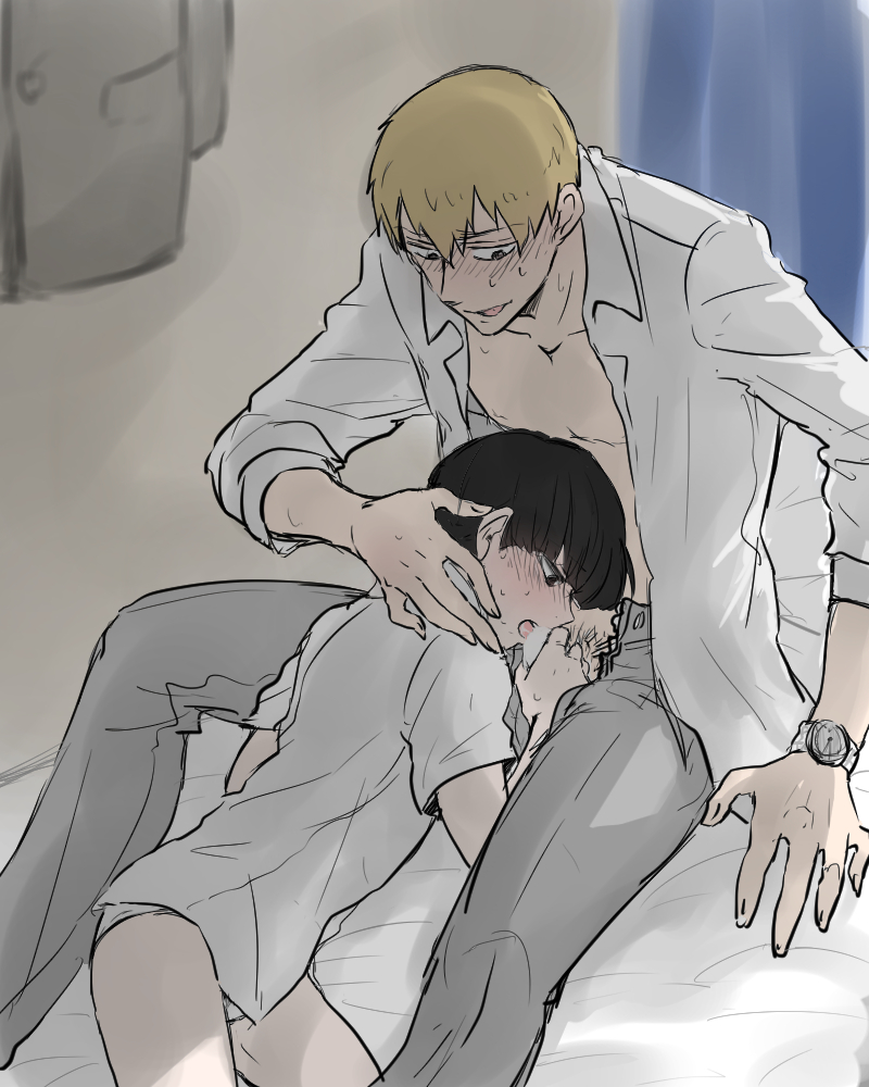2boys, age difference, arataka reigen, blush, censored, color, erection, femboy, gay, girly, head grab, male, male only, mob psycho 100, multiple boys, multiple males, open mouth, oral, shigeo kageyama, tagme, tongue, tongue out, yaoi