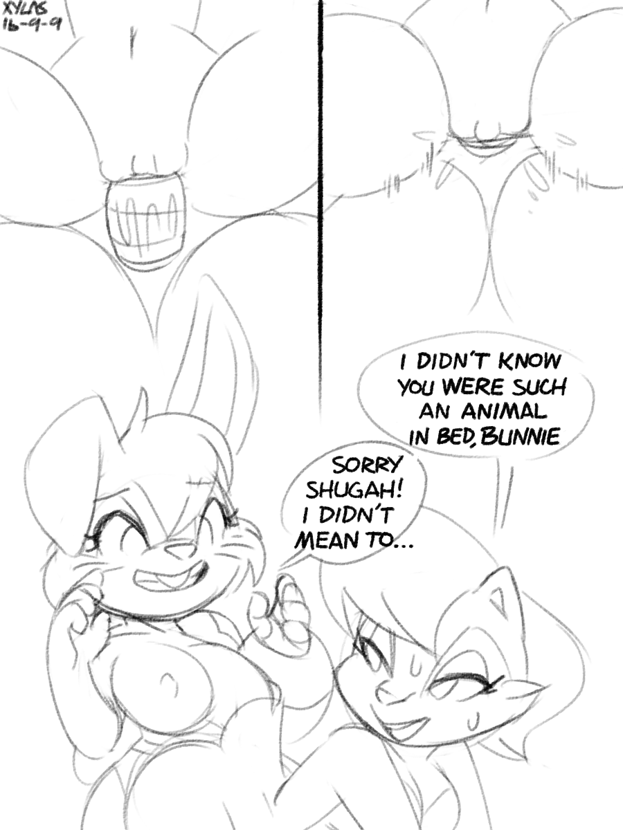 anthro ass big_breasts breasts bunnie_rabbot chipmunk comic dialogue dildo duo english_text erect_nipples female lagomorph mammal monochrome nipples nude penetration pussy rabbit rodent sally_acorn sex sex_toy sonic_(series) strapon text vaginal_penetration xylas yuri