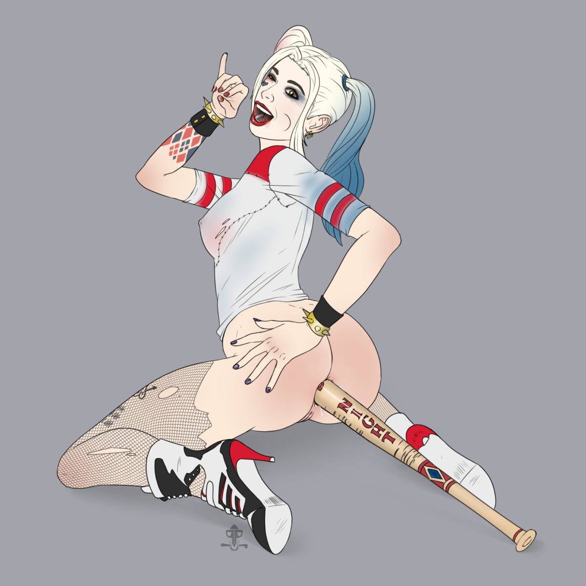 1girls, anal, anal insertion, anal object insertion, anus, ass, baseball bat, baseball bat in ass, baseball bat insertion, batman (series), blonde hair, blue hair, blue nails, boots, bracelet, covered nipples, dc, dc comics, dc extended universe, erect nipples, fellatio gesture, female, female only, fishnet pantyhose, harley quinn, high heels, insertion, legs, lipstick, long hair, multicolored hair, nail polish, nipple bulge, nipples, open mouth, pantyhose, pink hair, piratepup, pokies, pussy, red lipstick, red nails, see-through clothing, shirt, shoes, solo, spiked bracelet, suicide squad, tattoo, tattoos, teeth, thighs, tongue, torn clothes, torn pantyhose, vagina, weapon