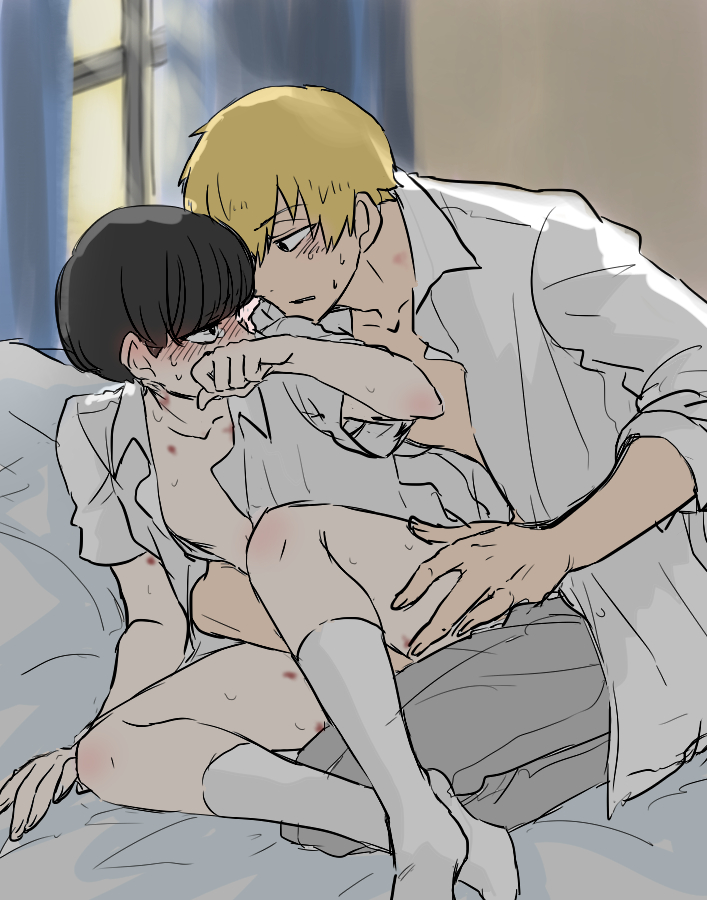 2boys, age difference, arataka reigen, blush, femboy, gay, girly, leg grab, male, male only, mob psycho 100, multiple boys, multiple males, shigeo kageyama, tagme, yaoi