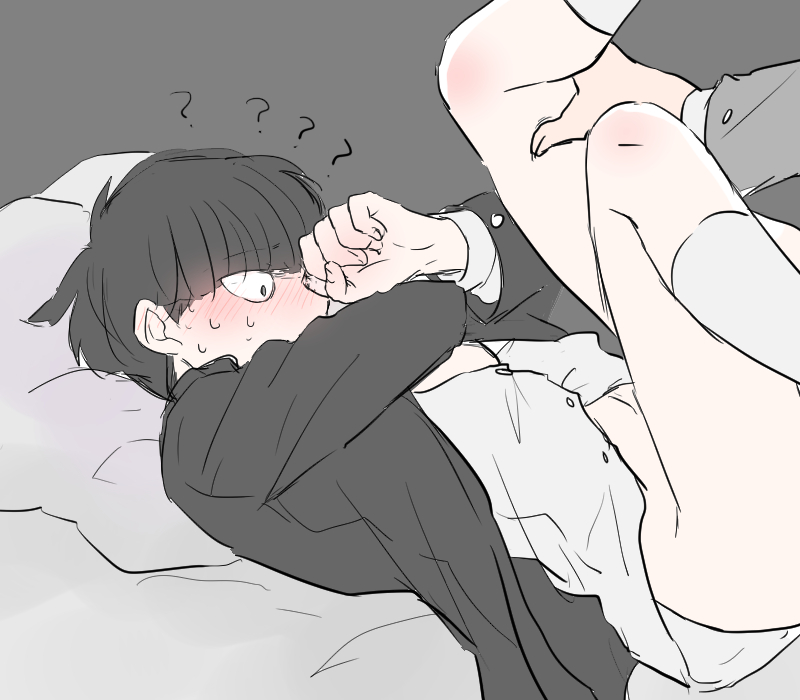 2boys, beige skin, black eyes, blush, bottomless, color, disembodied hand, femboy, gay, girly, leg grab, male, male only, mob psycho 100, on back, open clothes, shigeo kageyama, short hair, solo focus, tagme, yaoi