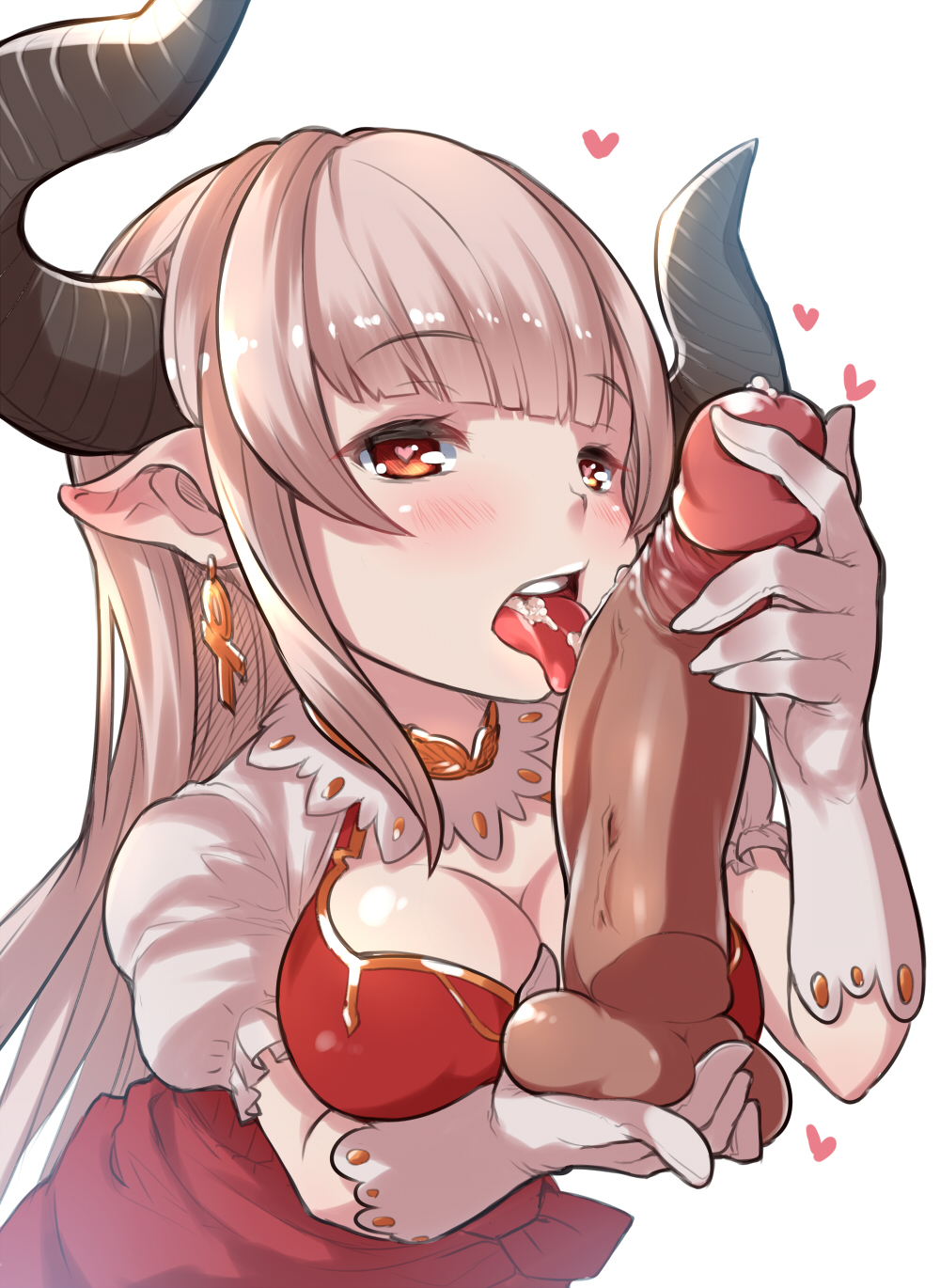 alicia_(granblue_fantasy) amatelas blush breasts brown_hair cleavage cum female granblue_fantasy horns long_hair open_mouth penis pointy_ears red_eyes tongue tongue_out upper_body