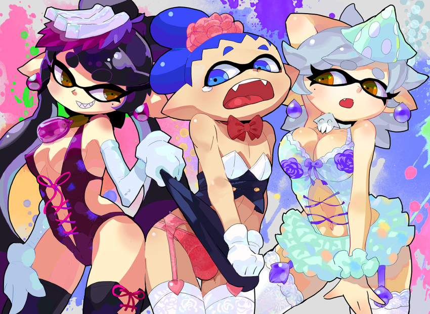 1boy 27_degrees 2girls anthro ass_to_ass assisted_exposure black_hair blue_eyes blue_hair bow bowtie breasts bulge callie_(splatoon) cephalopod cephalopod_humanoid choker cleavage crossdressing earrings elbow_gloves fangs garter_belt garter_straps gloves gradient gradient_background grey_hair grin hat humanoid inkling inkling_boy jewelry john_(splatoon) large_breasts lingerie long_hair marie_(splatoon) mask_(marking) mole mole_under_eye multiple_girls nintendo paint_splatter panties pointy_ears ponytail pose skirt skirt_lift skirt_pull skirt_tug smile splatoon squid squid_sisters tears tentacle tentacle_hair thighhighs tied_hair trap underwear yellow_eyes