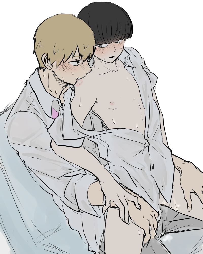 2boys, age difference, arataka reigen, blush, femboy, gay, girly, leg grab, male, male only, mob psycho 100, multiple boys, multiple males, open mouth, shigeo kageyama, tagme, yaoi