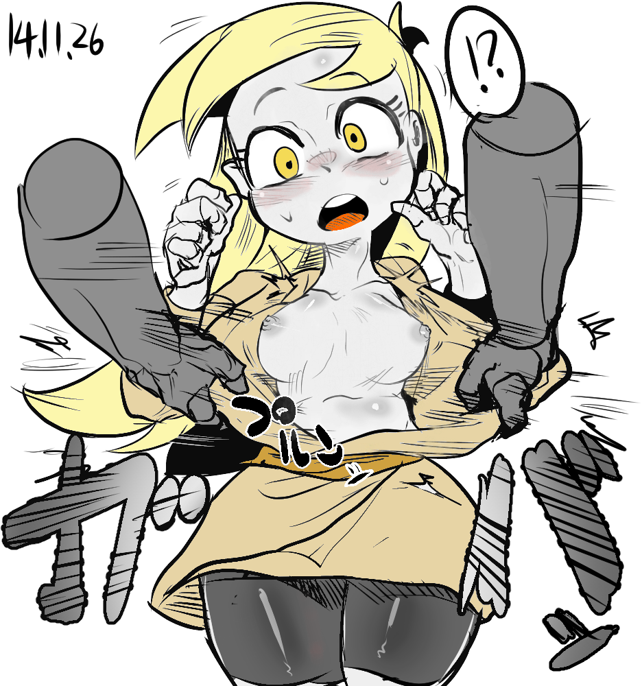 assisted_exposure blonde_hair collarbone derpy_hooves disembodied_hands ditzy_doo exposed_breasts eyelashes female_focus floating_hands forced grey_nipples hourglass_figure human human_female humanized medium_breasts my_little_pony nekubi nipples pale_skin pantyhose sash shirt_open shorts solo_focus surprised surprised_expression tan_shirt thick_thighs torn_clothes white_background yellow_eyes yellow_pupils