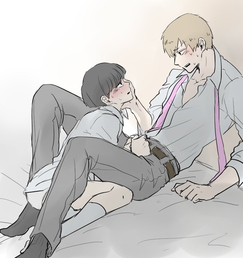 2boys, age difference, arataka reigen, between legs, blush, femboy, gay, girly, male, male only, mob psycho 100, multiple boys, multiple males, shigeo kageyama, tagme, yaoi
