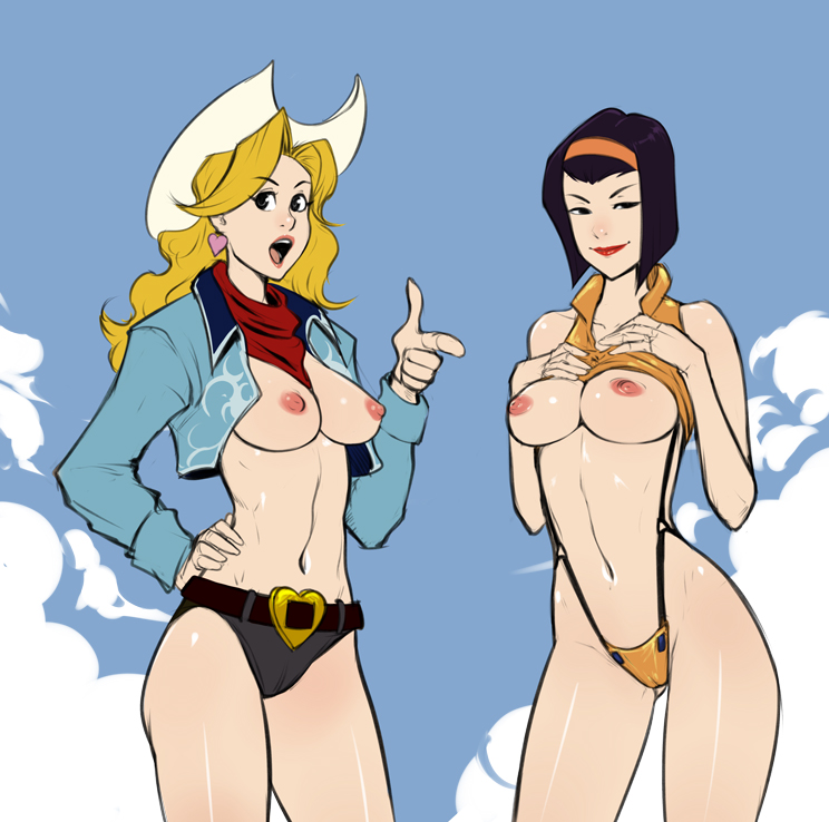 2girls, adapted costume, black eyes, blonde hair, blue background, breasts, cameltoe, cowboy bebop, cowboy hat, duo, earring, erotic costume, exposed breasts, faye valentine, female, hairband, hat, headband, human, izra, judy (cowboy bebop), large breasts, light skin, light-skinned female, long hair, looking at viewer, multiple females, multiple girls, navel, nipples, open clothes, open mouth, pointing, purple hair, pussy, scarf, short hair, smile, suspenders, white background, wide hips