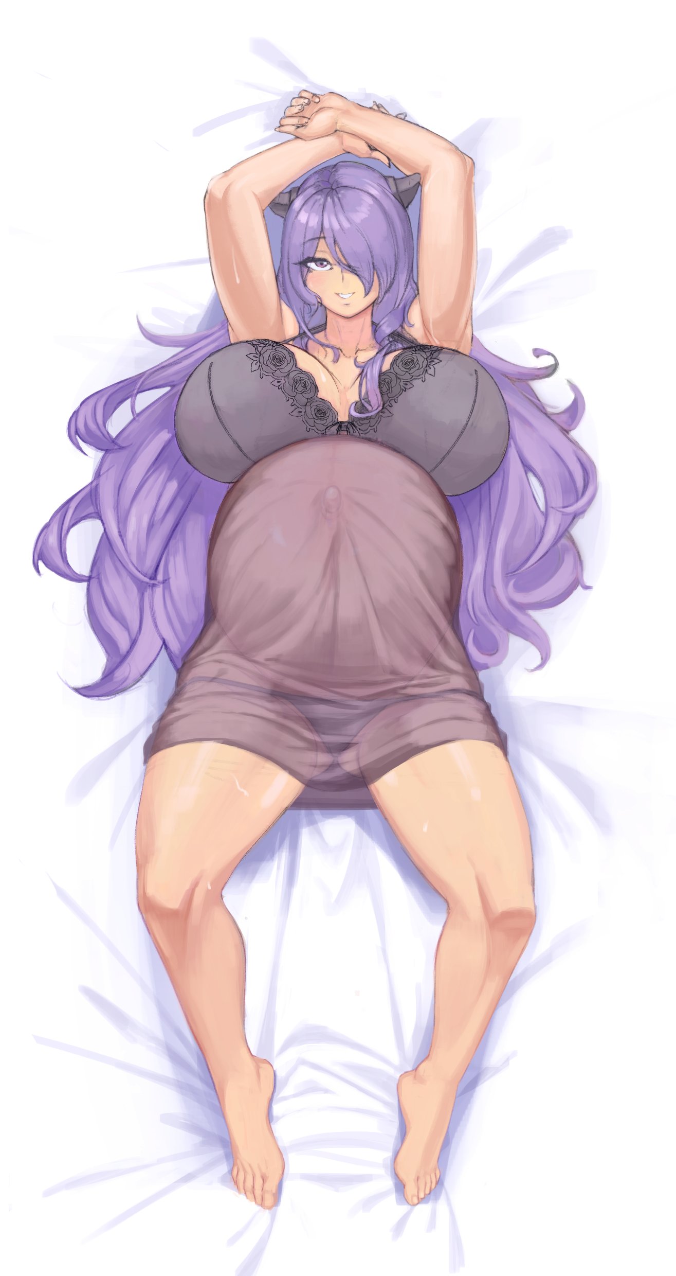 absurdres, akeggle, arms up, babydoll, blush, bra, breasts, camilla (fire emblem), collarbone, curvy, fake horns, female, fire emblem, hair over one eye, hair over shoulder, highres, horned headwear, lace, lace bra, large breasts, long hair, looking at viewer, lying, nintendo, on back, on bed, outie navel, panties, parted lips, pregnant, purple eyes, purple hair, see-through clothes, shiny skin, sidelocks, smile, solo, thick thighs, thighs, underwear, very long hair, wavy hair, wide hips