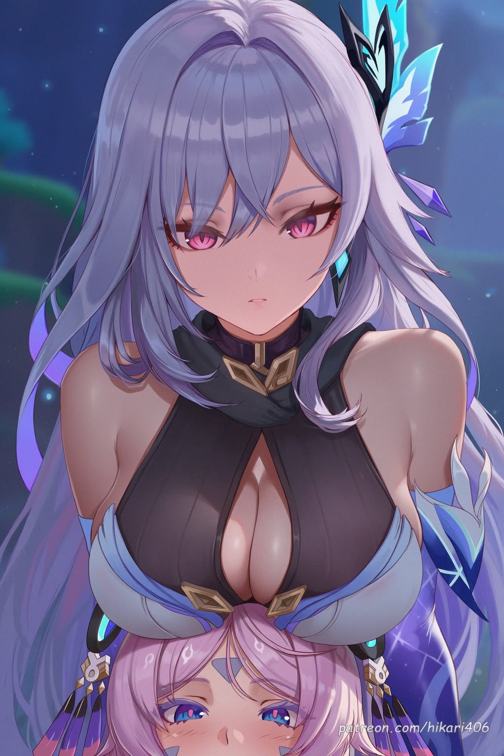 2girls, ai generated, bare shoulders, blue eyes, blush, breast rest, breasts, breasts on head, butterfly hair ornament, citlali (genshin impact), cleavage, closed mouth, detached sleeves, earrings, expressionless, female, genshin impact, grey hair, hair between eyes, hair ornament, hikari406, jewelry, large breasts, long hair, looking at viewer, multiple females, multiple girls, pink eyes, purple hair, skirk (genshin impact), uncensored, upper body, very long hair