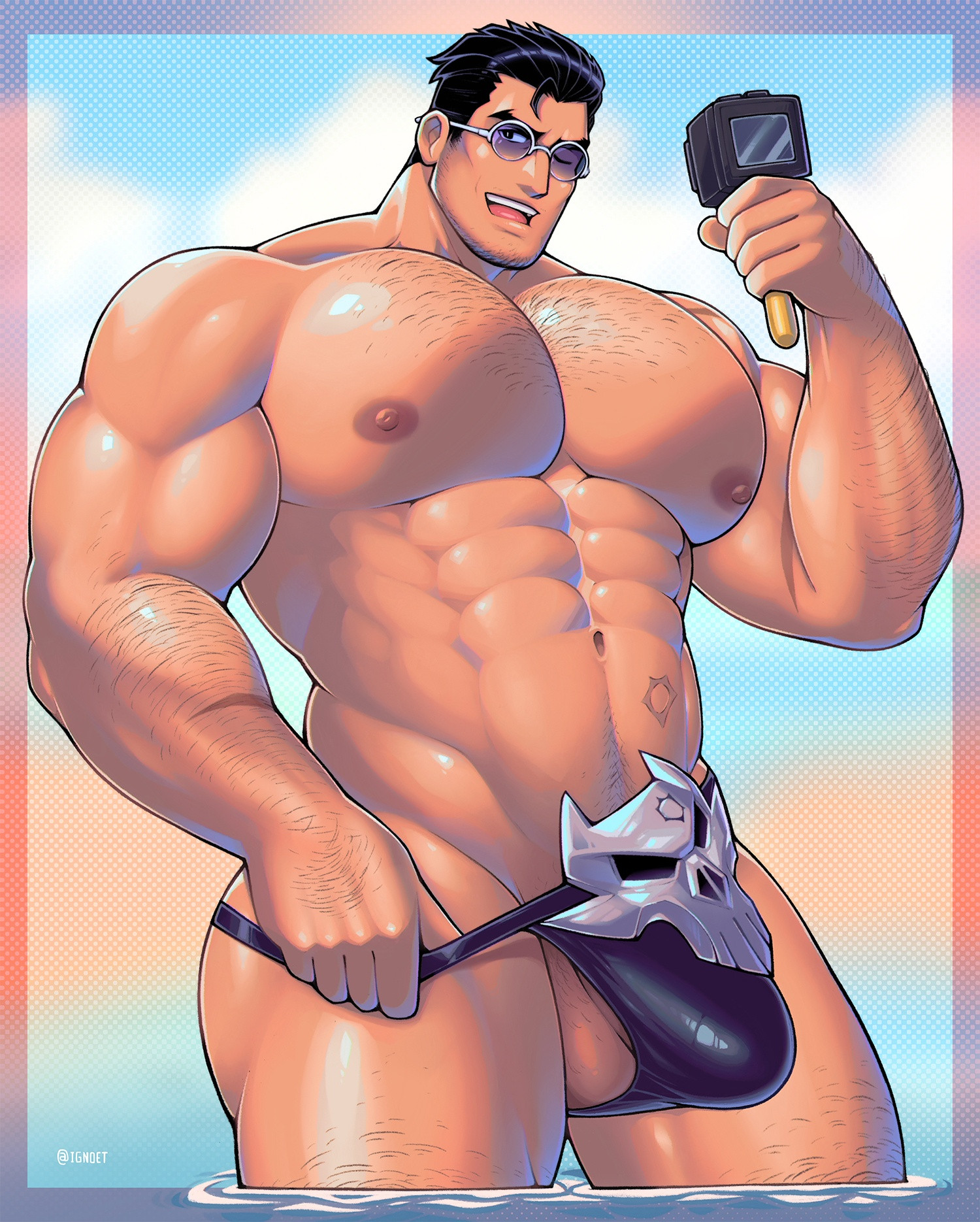 1boy, abs, bara, bara tiddies, bara tits, beach, beach background, big pecs, body hair, bulge, chest, happy trail, himbo, huge chest, hunk, ignoet, male, male focus, male only, manly, manly face, marvel, marvel comics, marvel rivals, muscular, muscular arms, muscular back, muscular legs, muscular male, pubic hair, punisher (aqua arsenal), punisher (francis castle), punisher (marvel comics), punisher (marvel rivals), smirking, solo, sunglasses, thong, thong bikini, thong only, treasure trail, yaoi