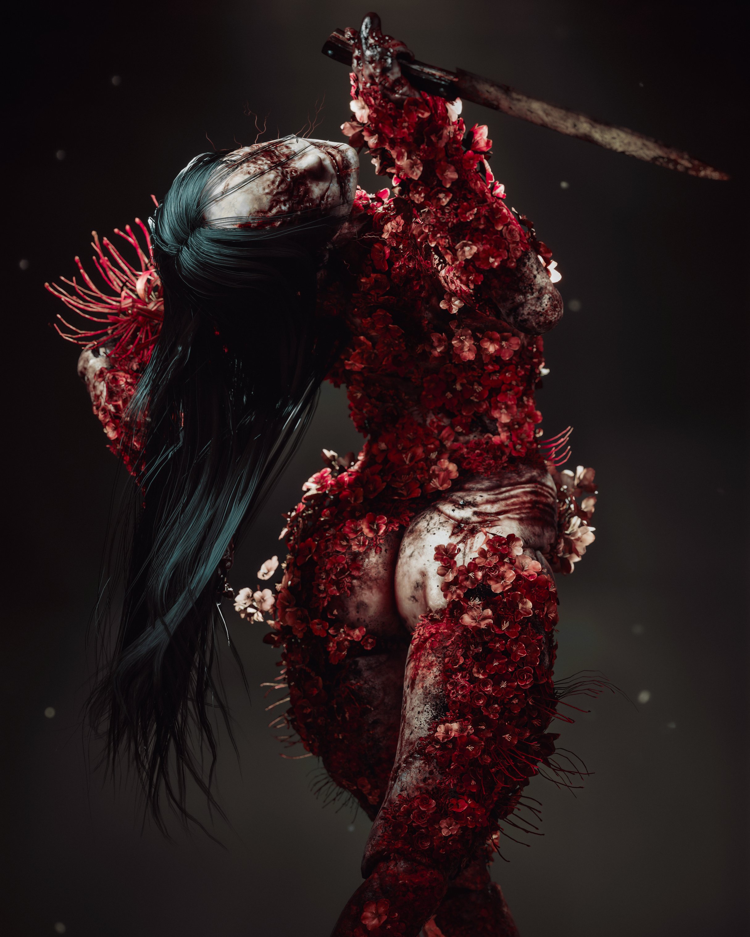1girls, 3d, arched back, ass, ass focus, black hair, blood, bloody, butt crack, butt focus, dat ass, dat butt, eyeless, eyeless female, female, female focus, flowers, from behind, holding knife, holding object, holding weapon, knife, konami, leaning back, lidertzz, looking at viewer, looking back, monster, monster girl, naked, naked female, nightmare waifu, nude, nude female, pale skin, pale skinned female, pale-skin, pale-skinned female, shitpost, silent hill, silent hill f, smile, smiling, smiling at viewer, smooth hair, solo, solo female, solo focus