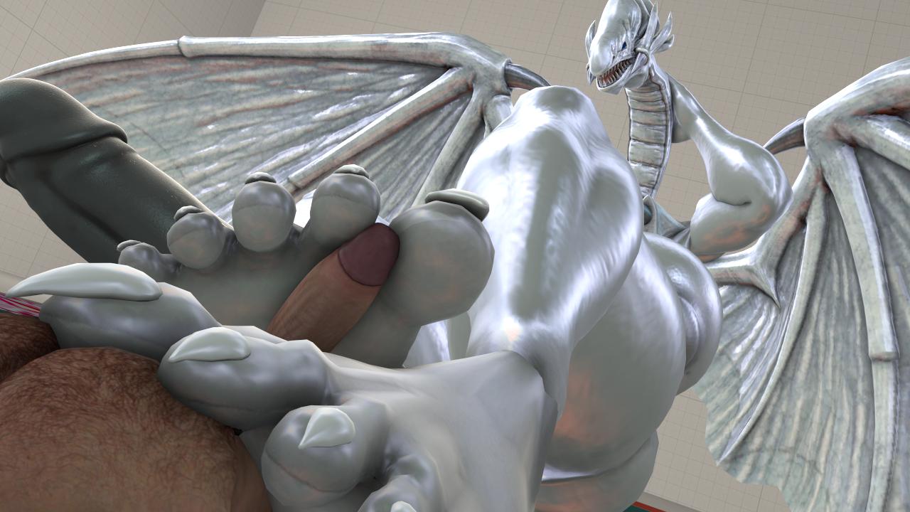 1boy, 1futa, 3d, blue-eyes white dragon, foot fetish, footjob, futanari, intersex, male, rayhuma, scalie, size difference, tagme, yu-gi-oh!