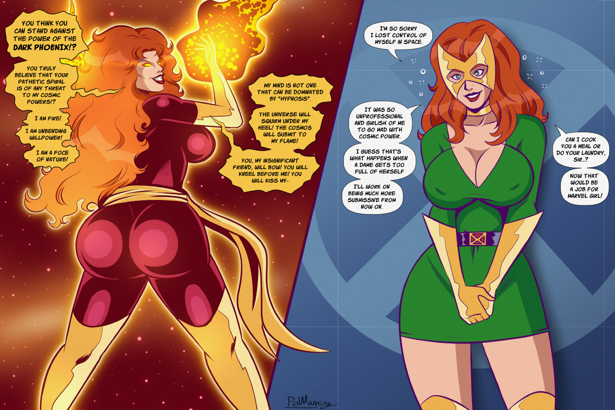 ass bigger than head, before and after, big ass, big breasts, brainwashing, breasts, bright eyes, bubble butt, change in common sense, choker, dark phoenix, dat ass, dialogue, english text, female, fire, fire eyes, firey hair, ginger, green eyes, hard nipples, hourglass figure, housewife, iq loss, jean grey, long hair, male, male pov, marvel, marvel classic era, marvel comics, marvel girl, mask, mind control, nipples visible through clothing, personality change, phoenix (x-men), polmanning, pov, red hair, red lipstick, sexism, skin tight, speech bubble, stepfordization, submissive female, superheroine, text, villainess