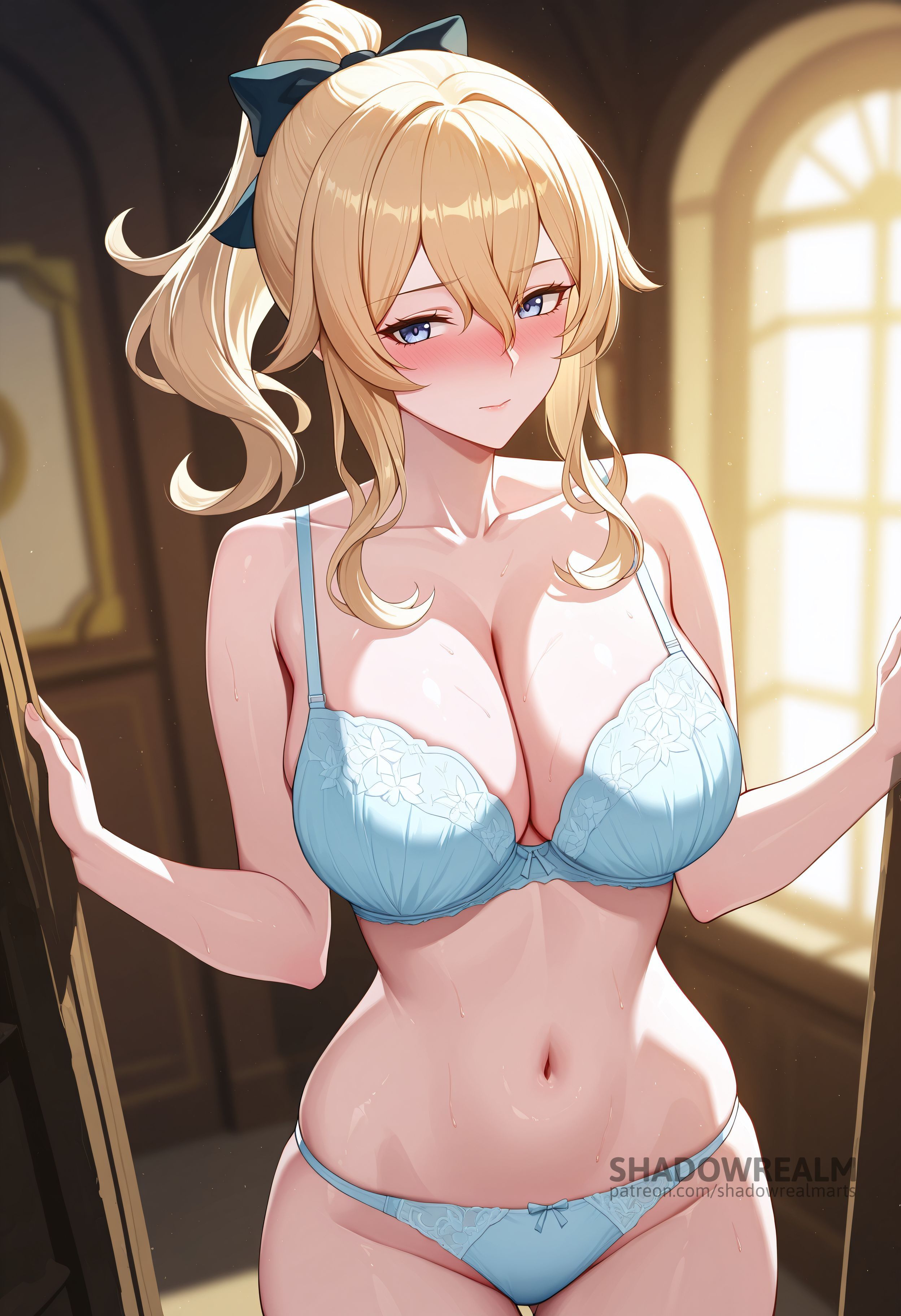 ai generated, bare arms, bare shoulders, black bow, blonde hair, blue bra, blue eyes, blue panties, blurry, blurry background, blush, bow, bra, breasts, cleavage, closed mouth, collarbone, cowboy shot, doorway, female, genshin impact, hair between eyes, hairbow, indoors, jean (genshin impact), jean gunnhildr, large breasts, long hair, looking at viewer, navel, panties, ponytail, shadowrealmarts, sidelocks, solo, stomach, sweat, thighs, uncensored, underwear, underwear only, window