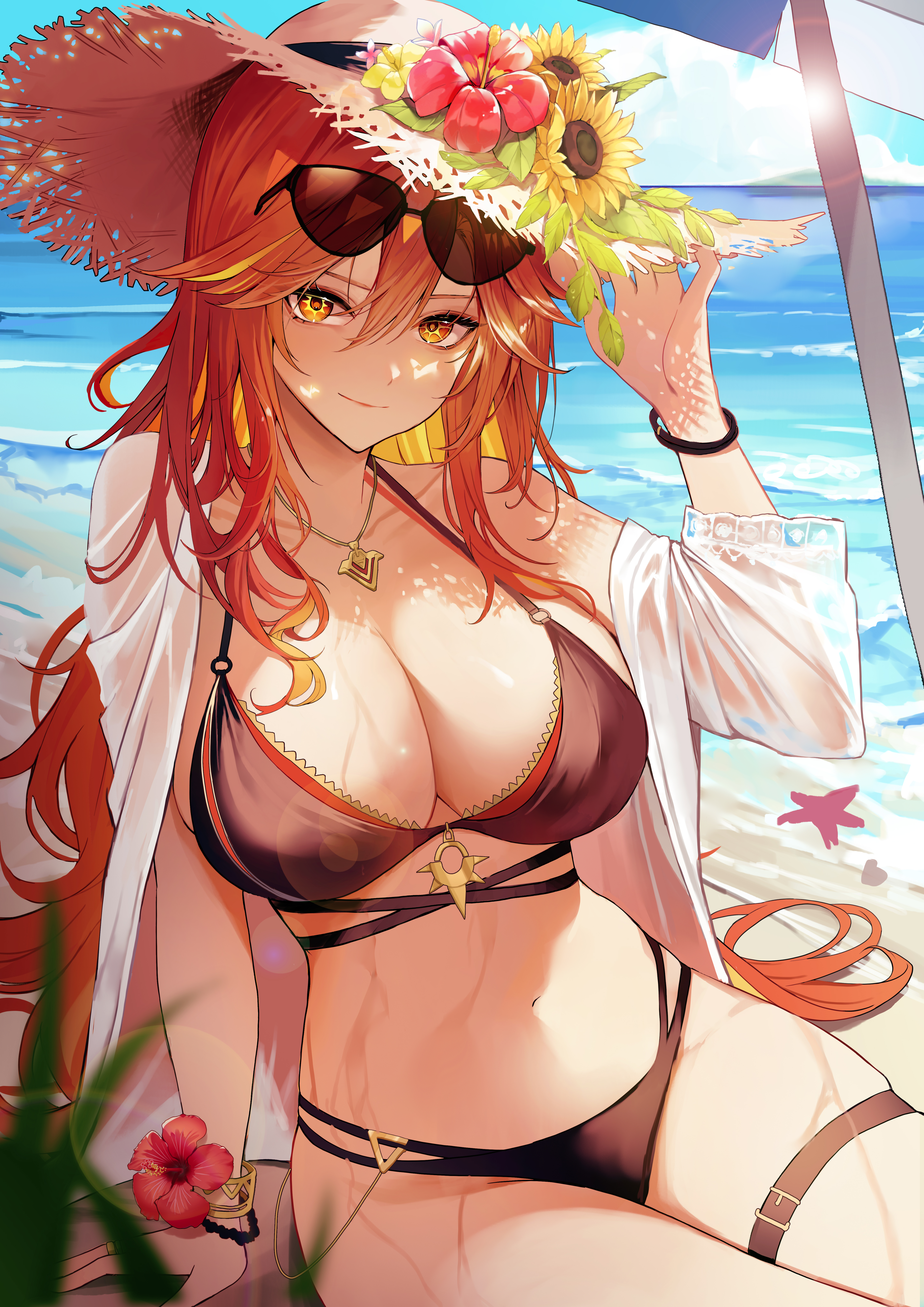absurdres, alternate costume, artist request, beach, bikini, black bikini, black-framed eyewear, bracelet, breasts, cleavage, cloud, collarbone, commentary, day, eyewear on head, female, female only, flower, genshin impact, hand up, hat, hat flower, highres, jewelry, large breasts, long hair, looking at viewer, mavuika (genshin impact), natlan girls, outdoors, pendant, red eyes, red flower, sitting, smile, solo, straw hat, sun, sun hat, sunglasses, swimsuit, symbol in eye, thigh strap, tinted eyewear, water, wet, yellow flower, yuna (deadawon)