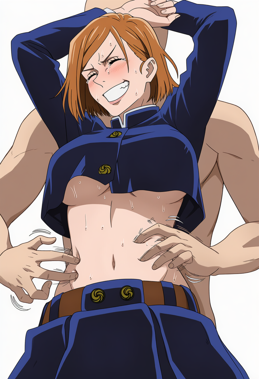 1boy, 1girls, ai generated, arms up, blush, closed eyes, exposed belly, female, high school uniform, jujutsu kaisen, kugisaki nobara, male, non-nude, short hair female, smile, smiling, sweating, tickle, tickling, tickling belly, ticklish