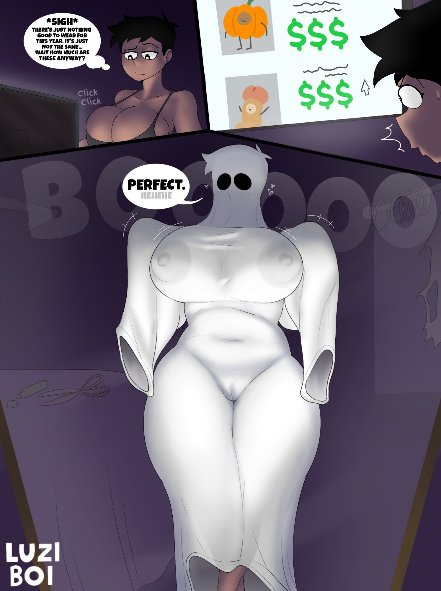 1girls, big breasts, breasts, busty, camel toe, daily art challenge, daily art-challenge, female, female focus, female only, ghost costume, halloween, halloween 2025, hourglass figure, hourglass figured female, kinktober, kinktober 2025, luzia, nipples visible through clothing, pussy, pussy print, tagme, wide hips