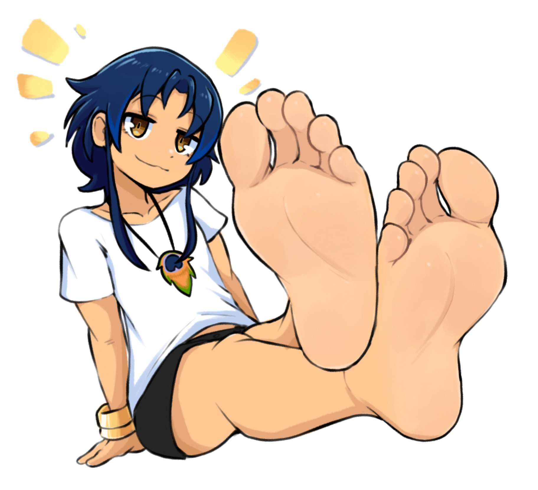 1girls, blue hair, bracelet, bracelets, feet, female, flat chest, flat chested, foot fetish, foot focus, legs, looking at viewer, necklace, presenting feet, shirt, short shorts, softhanten, solo, toes, white background, white shirt