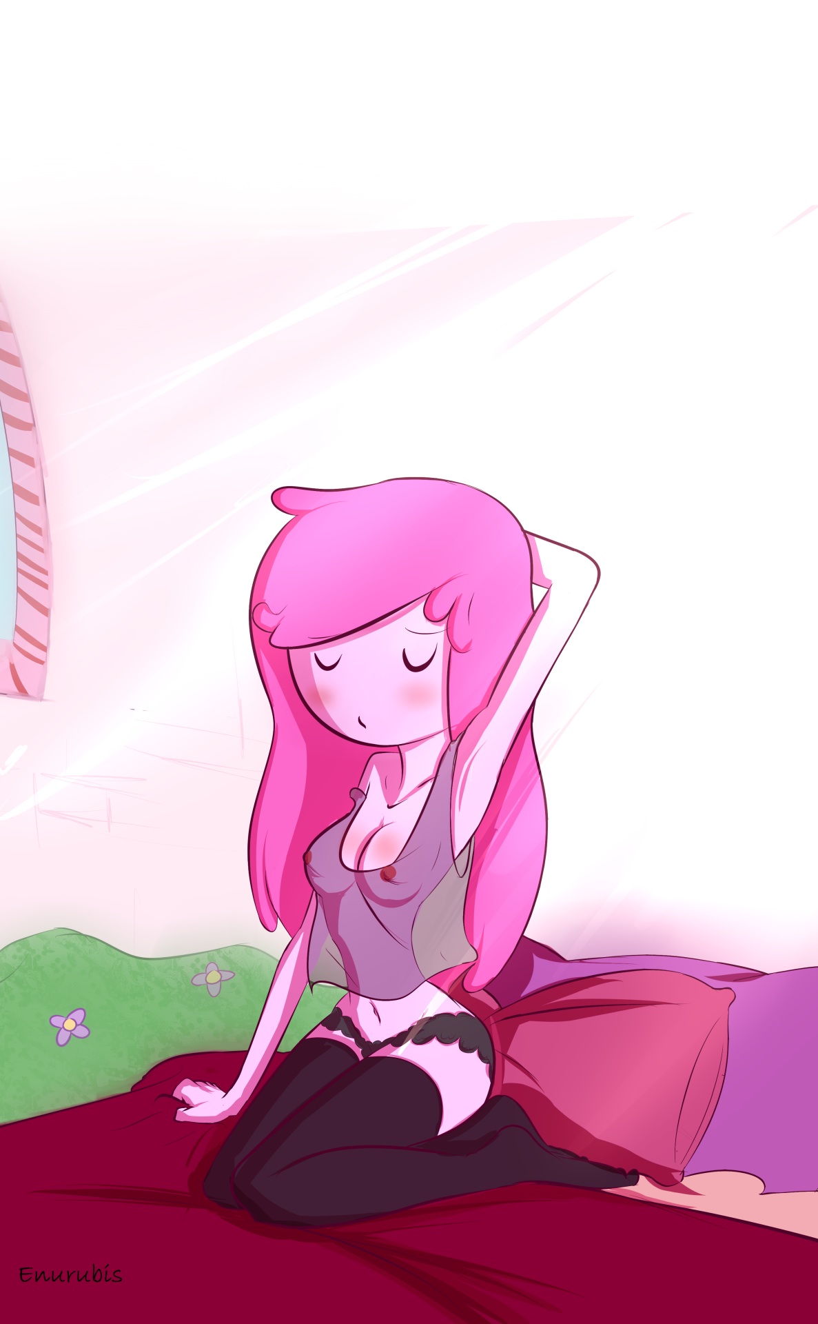 adventure time, bed, female, legwear, no bra, norehana art, panties, princess bubblegum, solo, tank top