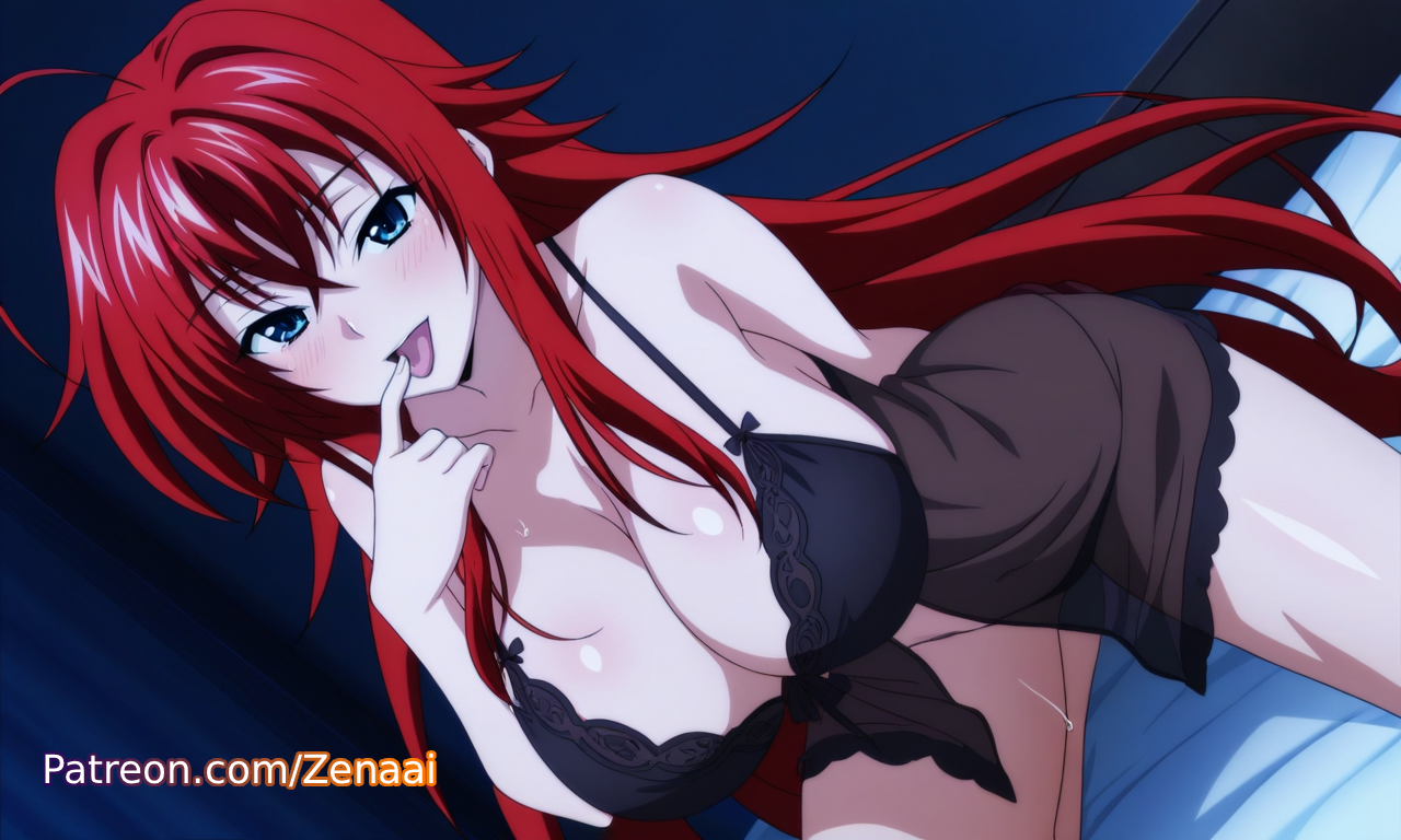 1girls, ahoge, ai generated, bed, bedroom, big breasts, blue eyes, blush, breasts, cleavage, female, female only, high school dxd, huge breasts, large breasts, light-skinned female, long hair, looking at viewer, patreon, red hair, rias gremory, solo, tongue, tongue out, underwear, zenaai