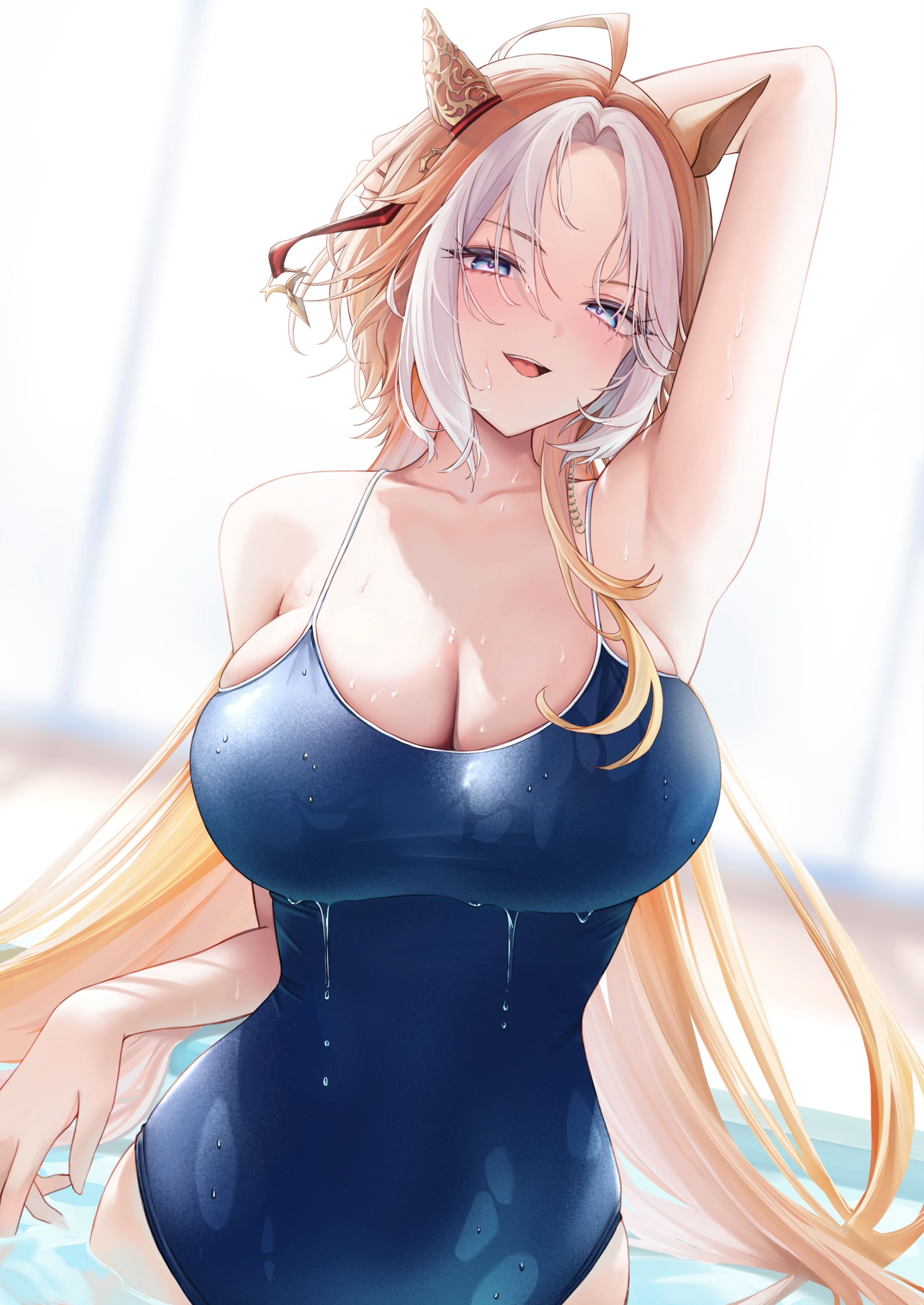 1girls, armpits, breasts, brown hair, female, large breasts, long hair, looking at viewer, orfevre (umamusume), swimsuit, umamusume, vicente valtieri's girl, white hair