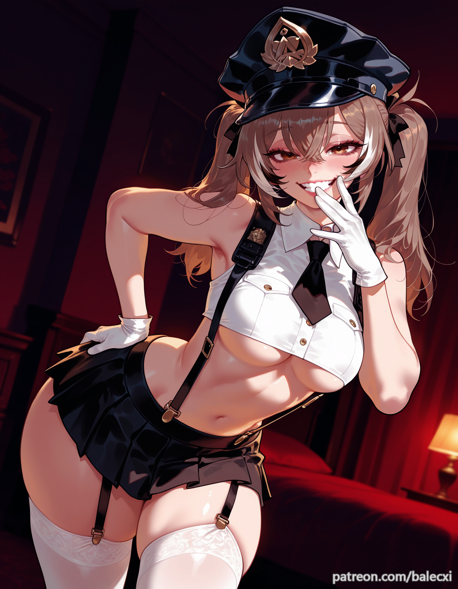ai generated, balecxi, black skirt, breasts, brown eyes, brown hair, female, grin, hand on own hip, hololive, hololive english, hololive english -council-, hololive english -promise-, looking at viewer, nanashi mumei, navel, necktie, pleated skirt, police hat, shirt, sleeveless, smile, solo, streaked hair, suspenders, twintails, underboob, virtual youtuber, white gloves, white thighhighs