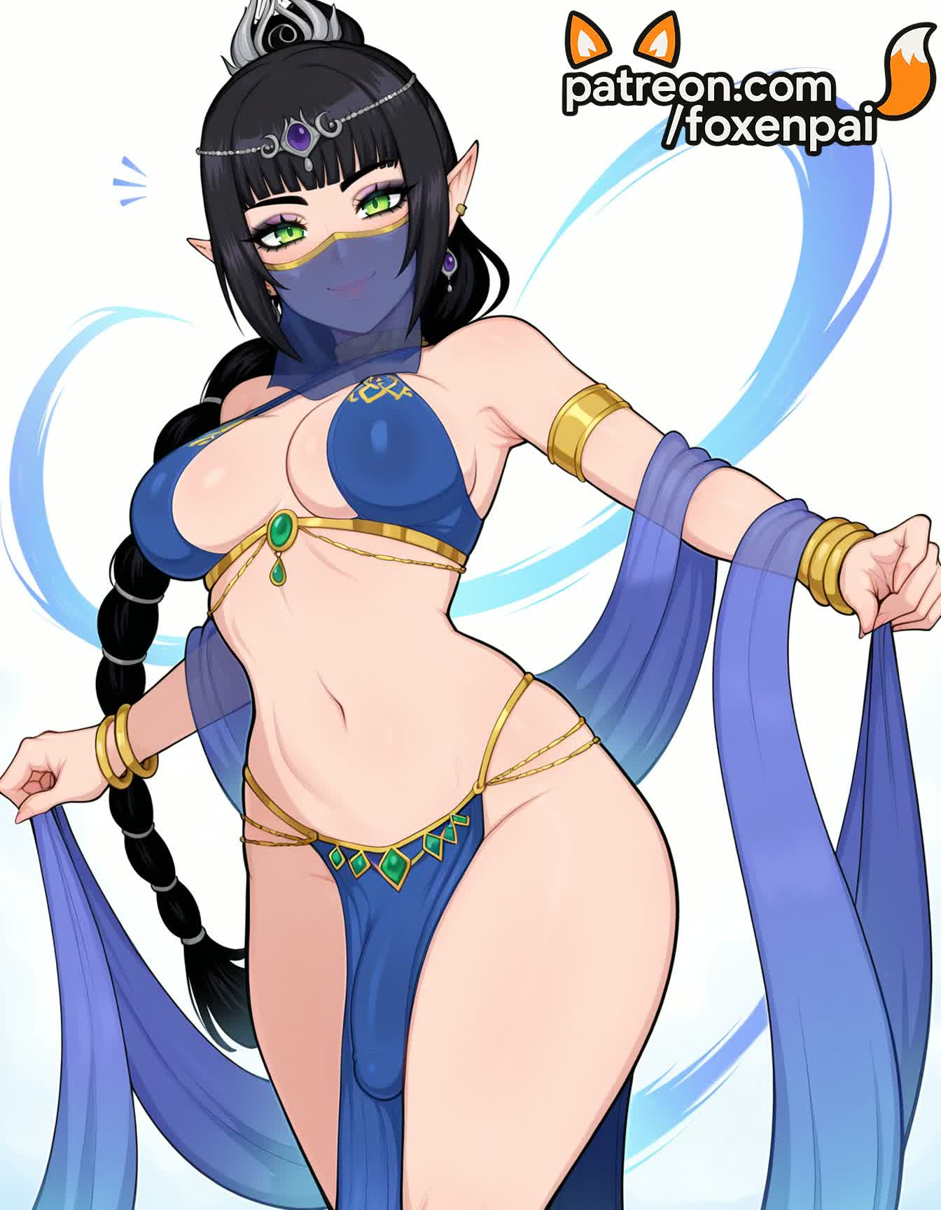 1futa, 2025, ai generated, artist name, baldur's gate 3, black hair, bracelet, breasts, bust, chest, earrings, elf, foxenpai, futanari, green eyes, hi res, high quality, high resolution, highres, intersex, jewelry, long hair, navel, patreon, patreon username, pointy ears, shadowheart, solo, stable diffusion, very long hair, watermark