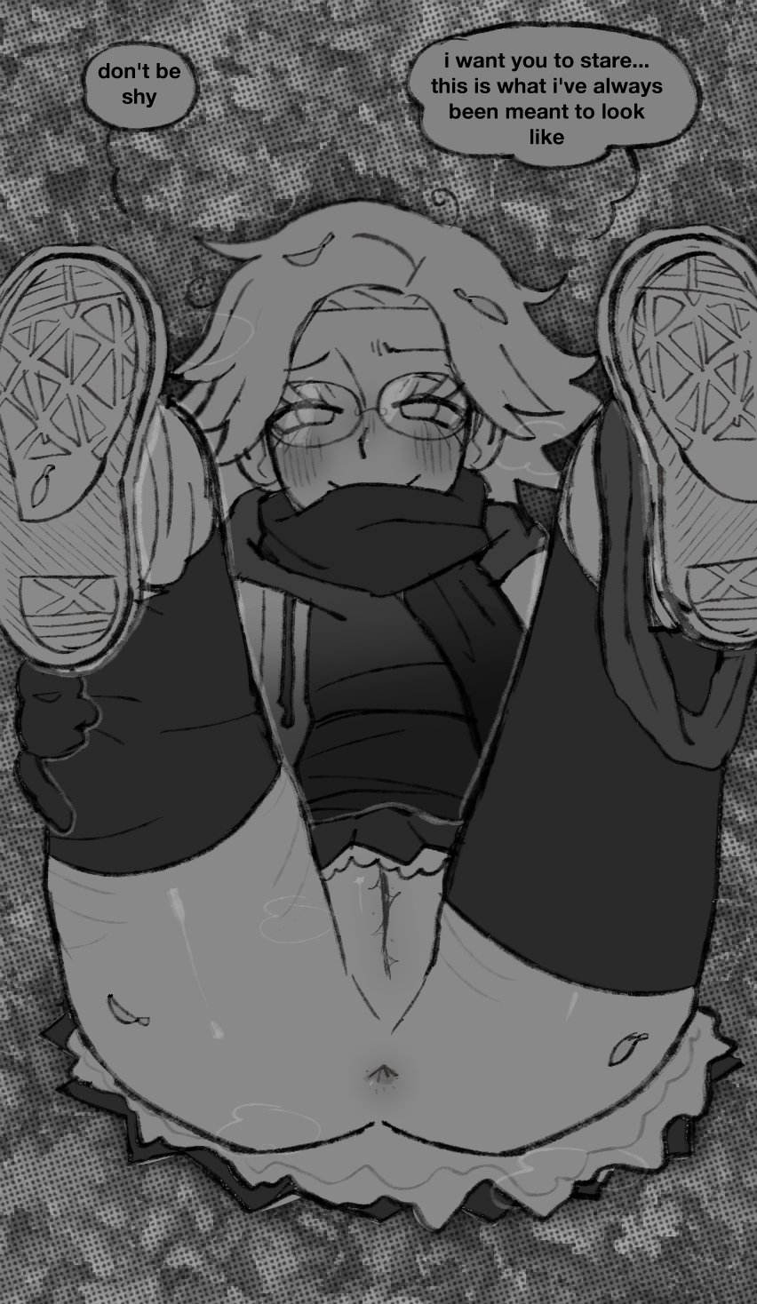 1boy, aotsuki eito, bussy, cuntboy, eito aotsuki, english text, exposed, exposed pussy, ftm, ftm crossgender, genderswap, genderswap (ftm), glasses, male only, monochrome, panties, panties around one leg, panties aside, presenting, pupn1k, pussy, shoes, spread legs, spreading, the hundred line -last defense academy-, torturetakkun, transgender, transmale, transman, transmasc, young, young boy, young male