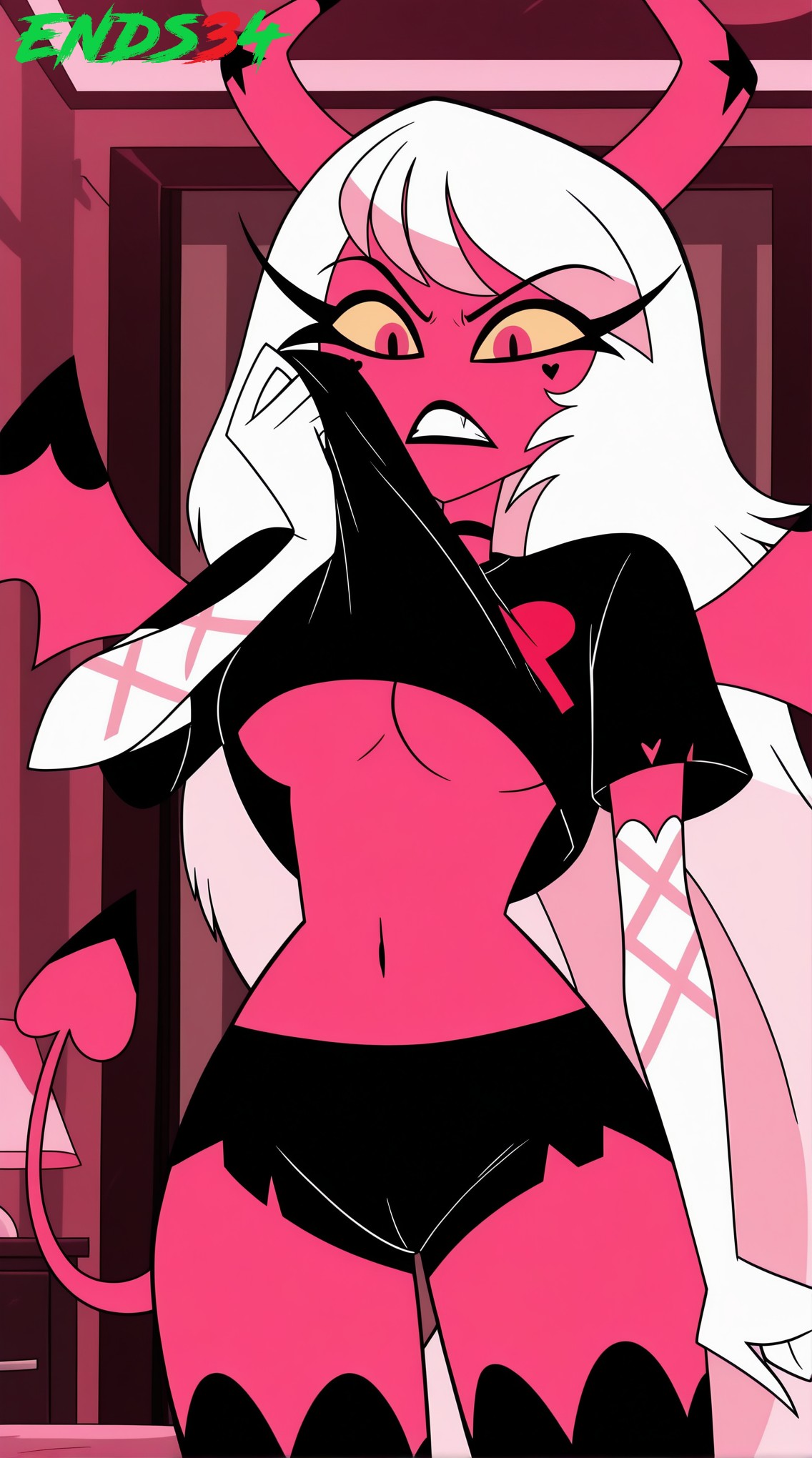 2025, ai generated, big breasts, breasts, cameltoe, demon girl, ends34, female, female focus, helluva boss, shorts, succubus, verosika mayday (helluva boss)