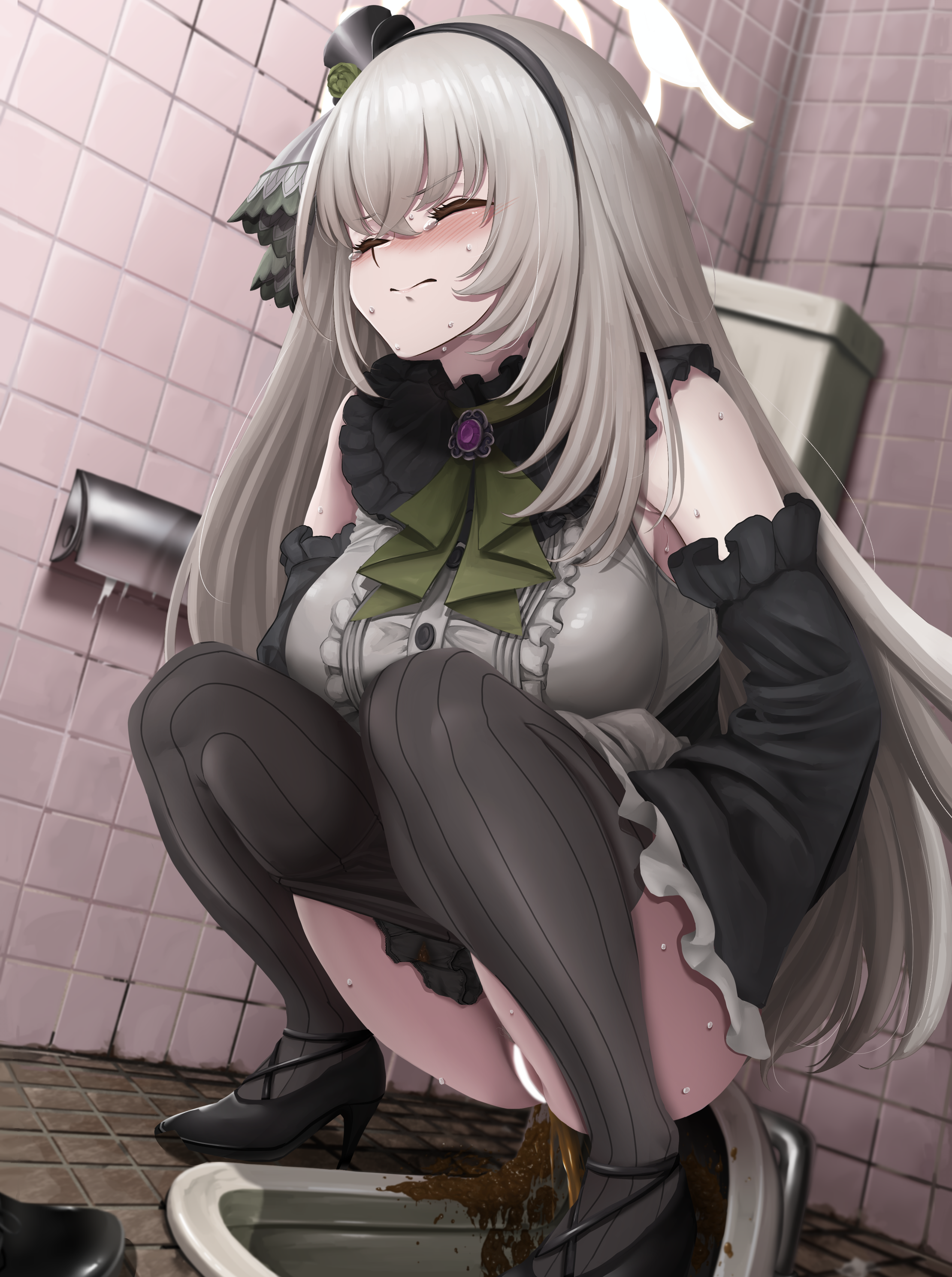 1girls, big breasts, black dress, black footwear, black hairband, black panties, blue archive, blush, breasts, closed eyes, detached sleeves, diarrhea, female, grey hair, hat, high heels, improper toilet use, mugicha, pain, sakurako (blue archive), sakurako (idol) (blue archive), scat, sisterhood (blue archive), soiling underwear, solo, squat toilet, squatting, stomach ache, sweat, toilet, toilet paper, toilet use, top hat, trinity general school student