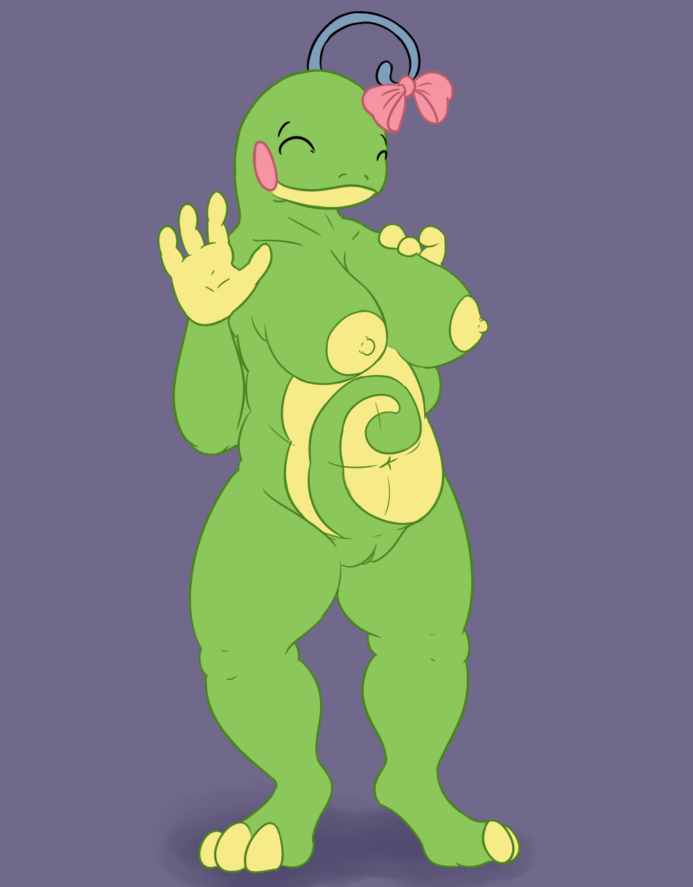 1girls 3_toes 4_fingers amphibian anthro areolae barefoot belly big_breasts bow breasts chubby closed_eyes clothing erect_nipples feet female frog green_skin hair_ribbon navel nintendo nipples nude overweight pokemon politoed posexe purple_background pussy red_cheeks ribbon simple_background slightly_chubby smile solo standing thick_thighs toad toes video_games