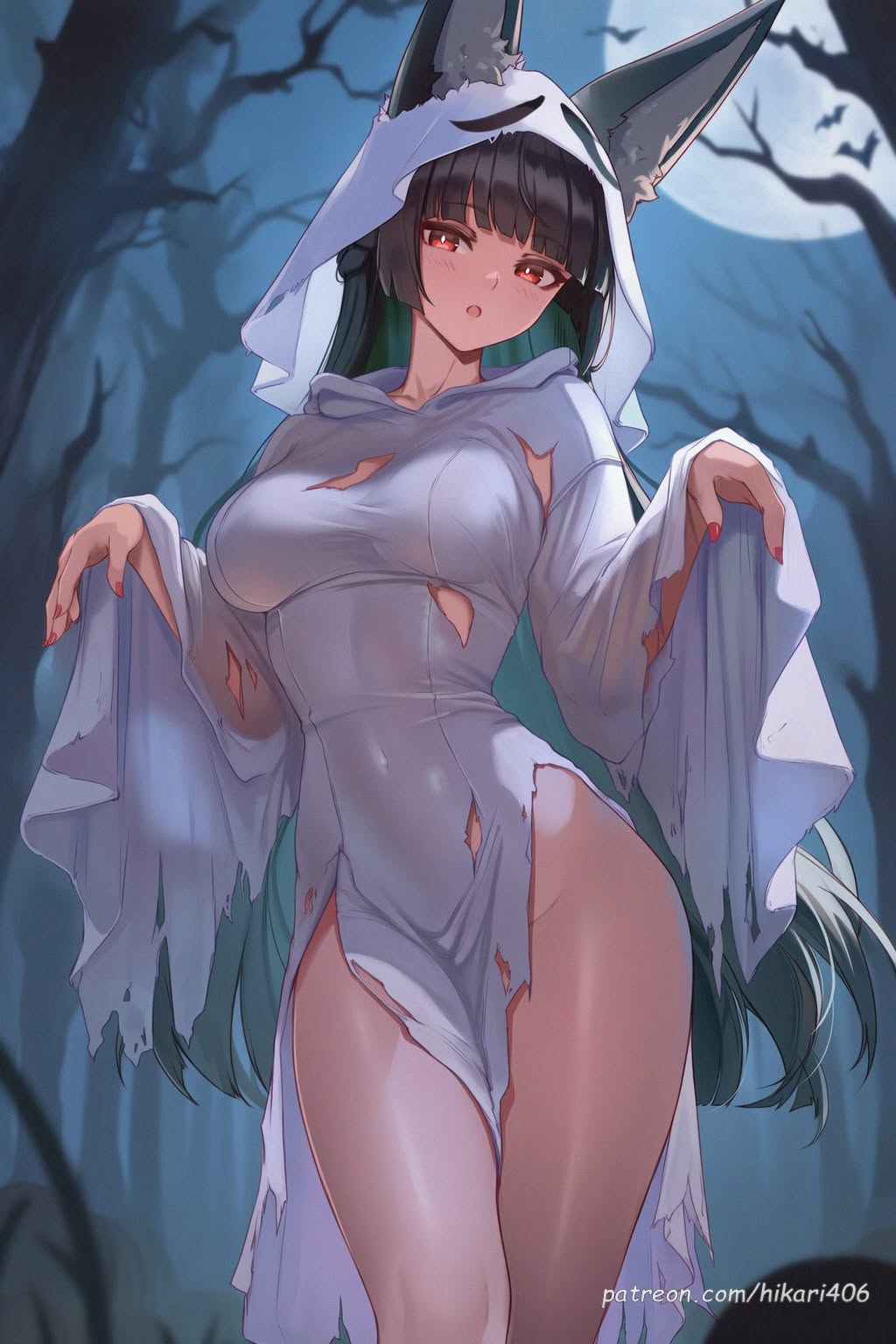 :o, 1girls, ai generated, animal ear fluff, animal ears, bat (animal), black hair, blunt bangs, breasts, covered navel, dress, female, female only, fox ears, full moon, ghost costume, green hair, halloween, halloween costume, hikari406, hood, hoshimi miyabi, large breasts, long hair, long sleeves, looking at viewer, medium breasts, moon, nail polish, night, open mouth, outdoors, red eyes, red nails, solo, thighs, torn clothes, torn dress, tree, uncensored, very long hair, white dress, zenless zone zero