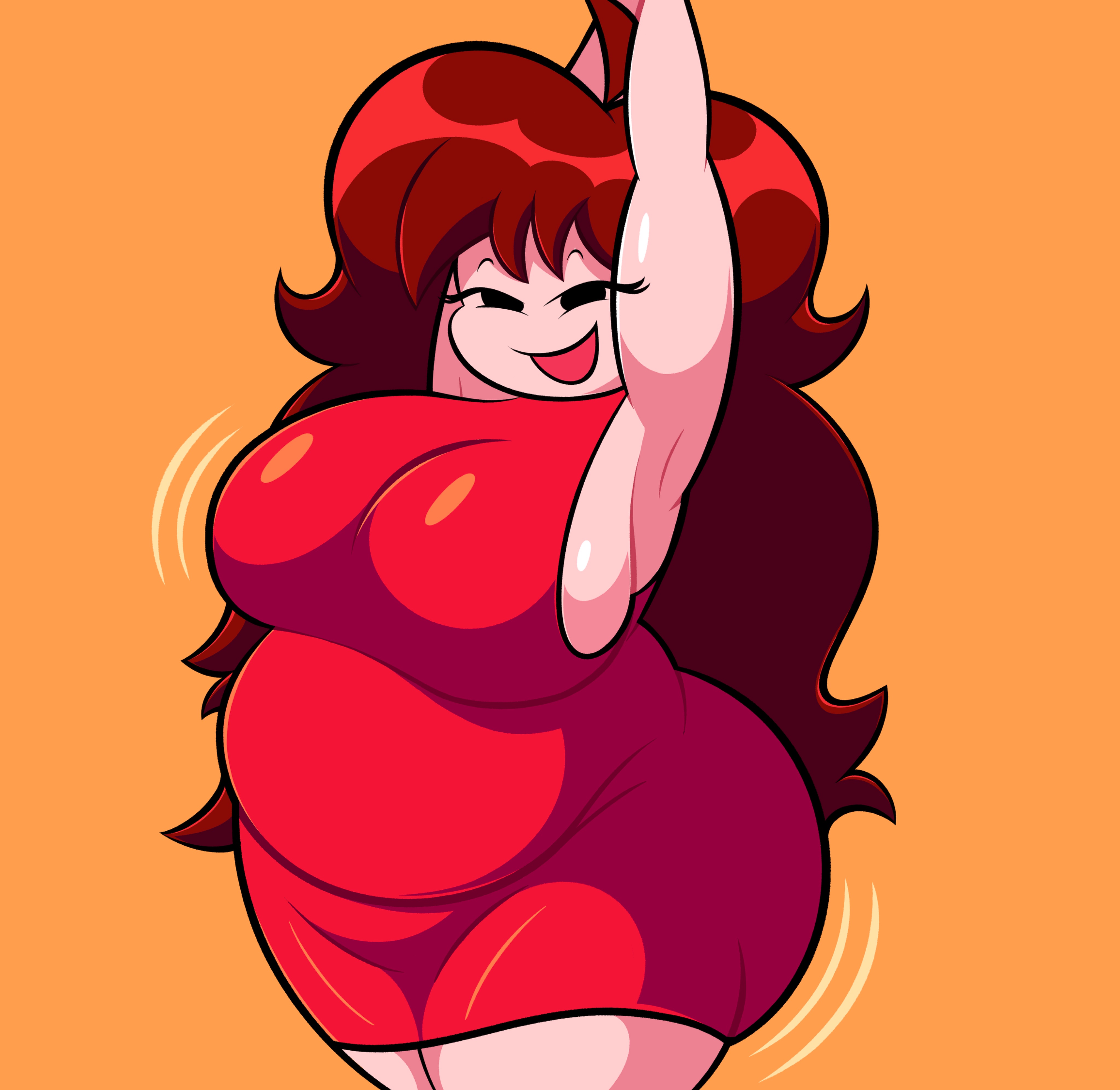 1girl, 1girls, 2d, 2d (artwork), 2d artwork, arms above head, arms up, auburn hair, bbw, belly, belly fetish, big belly, big belly girl, big breasts, breast press, breast squeeze, breasts, breasts bigger than head, brown hair, chubby, chubby belly, chubby female, demon, demon girl, digital art, digital drawing, digital drawing (artwork), digital media, digital media (artwork), female, female focus, female human, female only, fetish, fnf, friday night funkin, girlfriend (friday night funkin), huge belly, huge breasts, large belly, large breasts, larger female, long hair, minusbrush, newgrounds, orange background, red dress, white hair