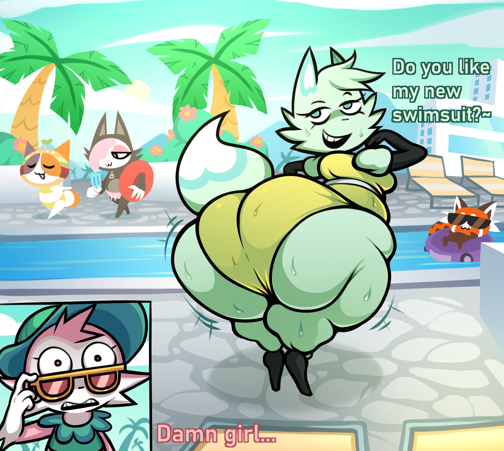 anthro, ass, ass focus, back view, big ass, bottom heavy, breasts, bubble butt, cheezborger (chikn nuggit), chikn nuggit, chubby, chubby female, cofi (chikn nuggit), countershade tail, countershading, dat ass, dipstick tail, english text, eyelashes, fat, fat arms, fat ass, fat female, fat legs, fat thighs, female, female focus, furry, gloves (marking), gluteal fold, green body, green fur, half-closed eyes, head tuft, hips, hips wider than shoulders, hornygoatlean (artist), huge ass, looking back, milkshek (chikn nuggit), motion lines, nitarufatlover, nitaruskwish33, nitarustarium, overweight, overweight female, reaction bubble, rear view, shelf booty, slushi (chikn nuggit), socks (marking), sody pop (chikn nuggit), stupidleangoat, sunglasses, sweat, swimsuit, tail, text, thick thighs, wedgie, white body, white fur, wide ass, wide eyed